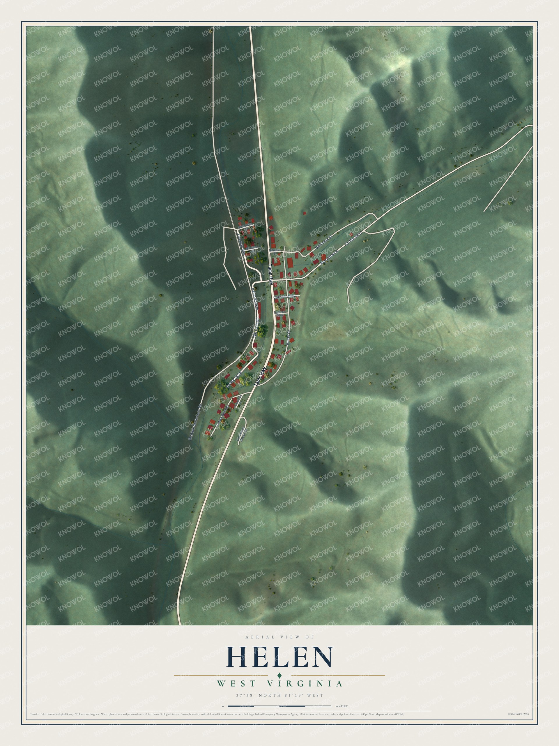 Full map of Helen, West Virginia, with red buildings, printed street names and the land around them