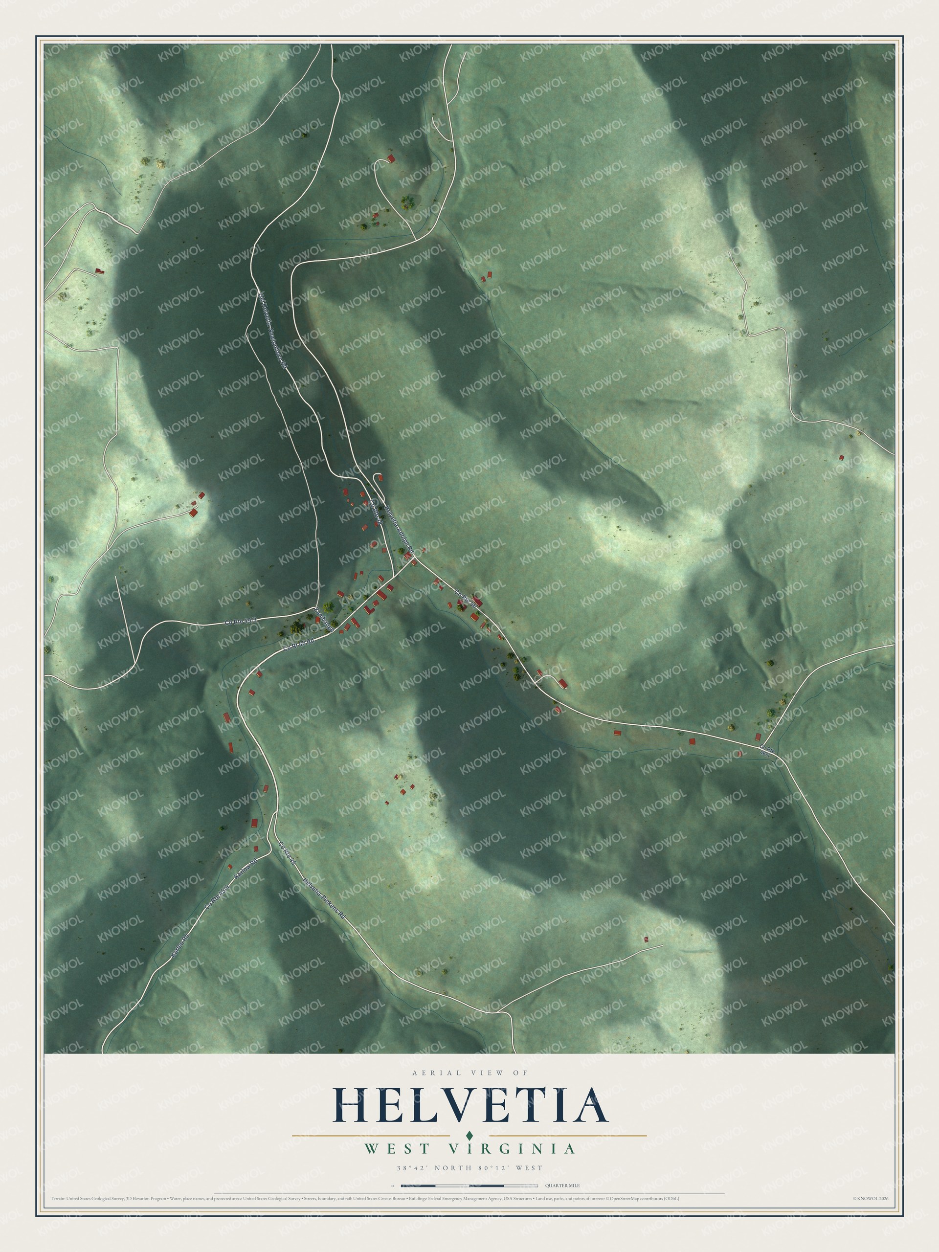 Full map of Helvetia, West Virginia, with red buildings, printed street names and the land around them