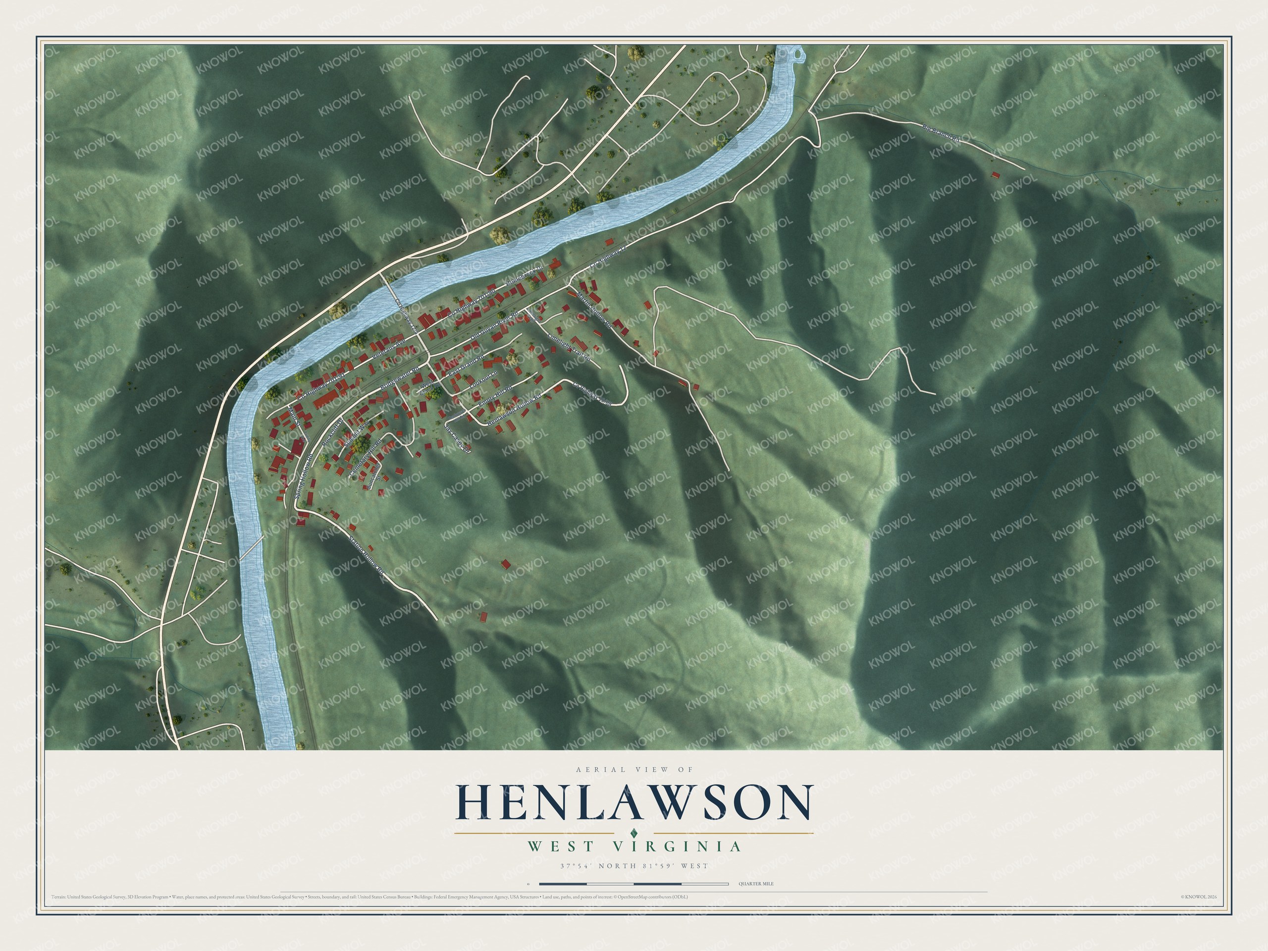 Full map of Henlawson, West Virginia, with red buildings, printed street names and the land around them