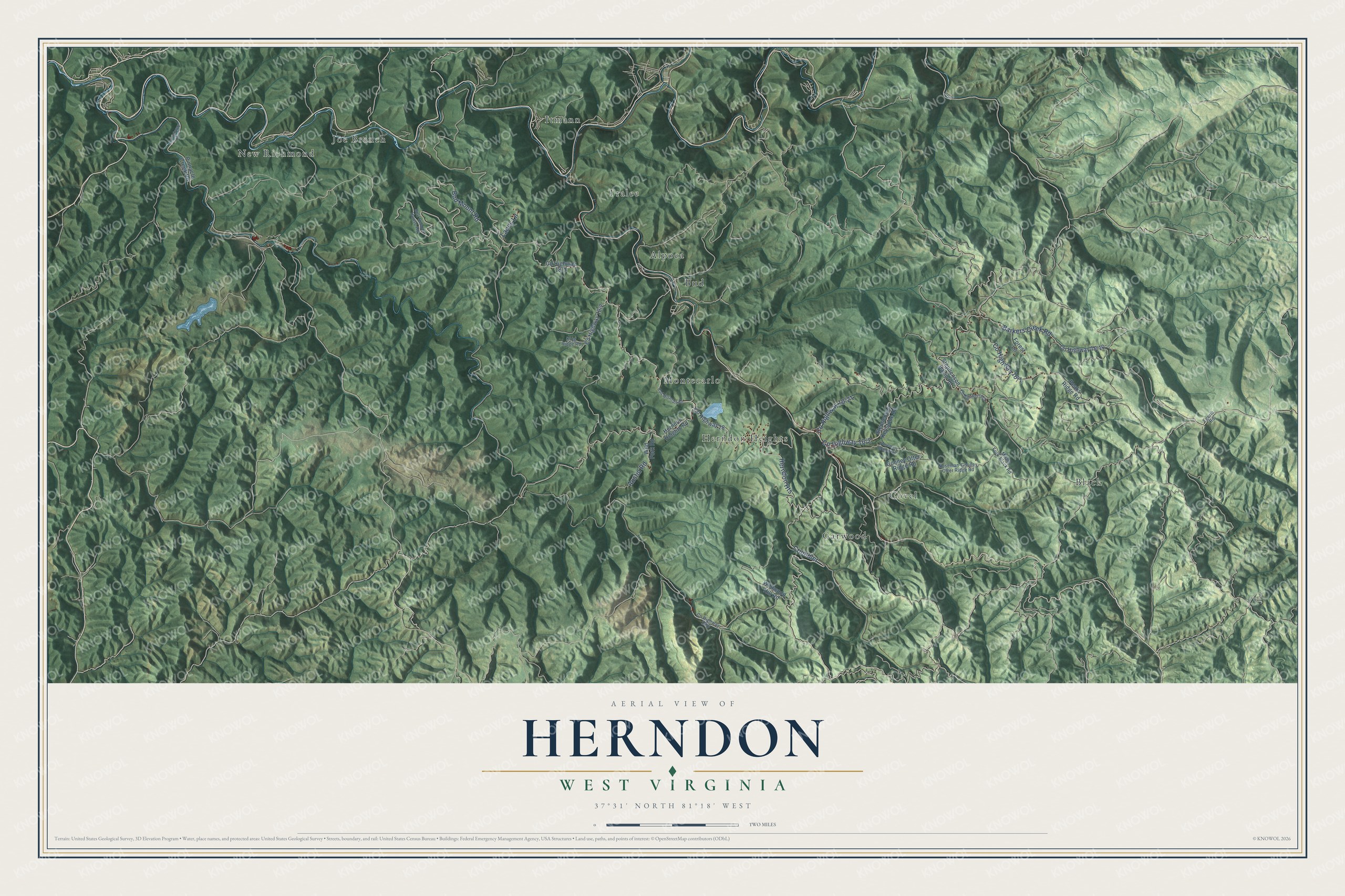 Full map of Herndon, West Virginia, with red buildings, printed street names and the land around them
