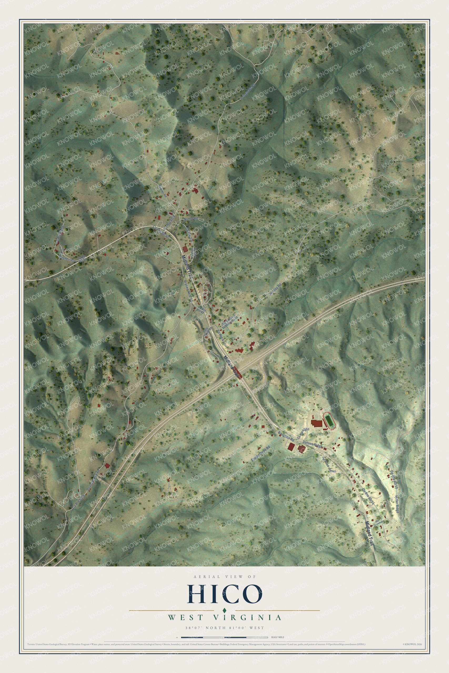 Full map of Hico, West Virginia, with red buildings, printed street names and the land around them