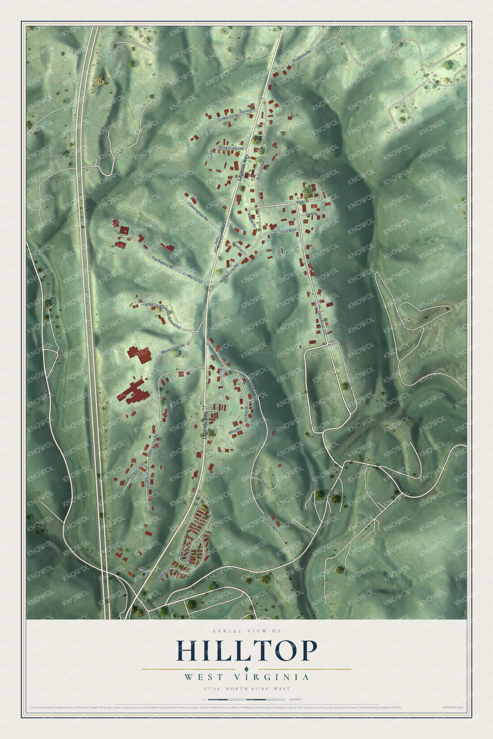 Full map of Hilltop, West Virginia, with red buildings, printed street names and the land around them