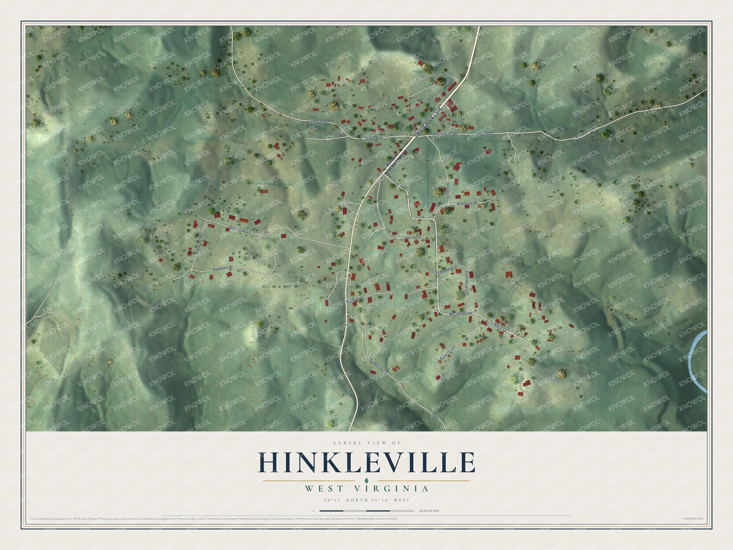 Full map of Hinkleville, West Virginia, with red buildings, printed street names and the land around them