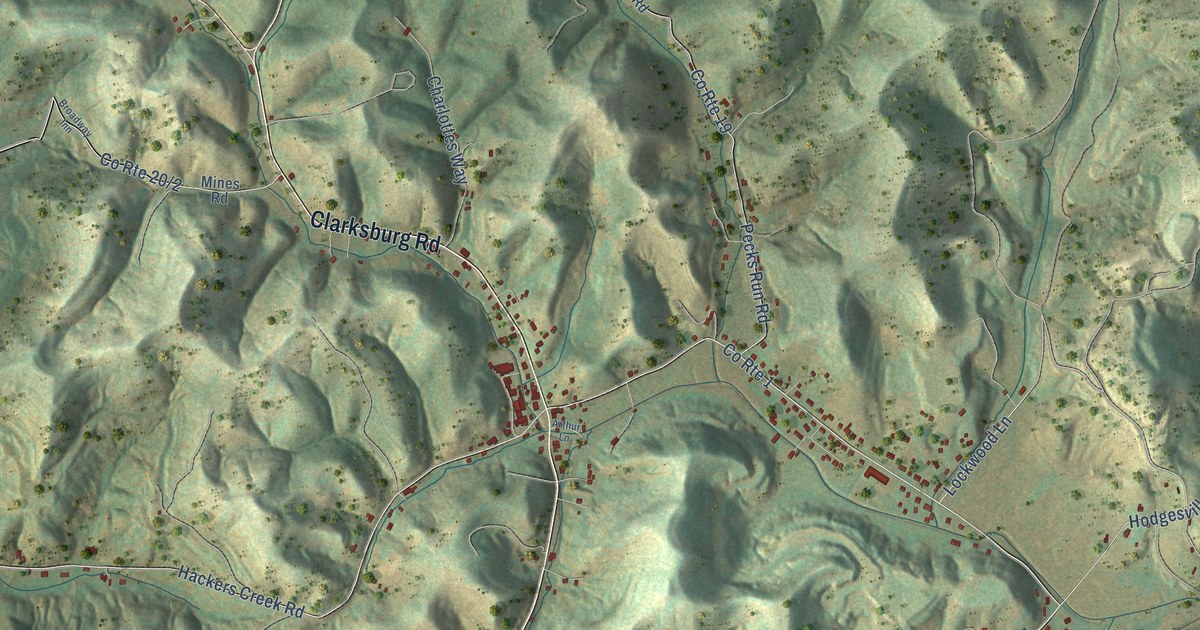 Close-up of streets and buildings in Hodgesville, West Virginia