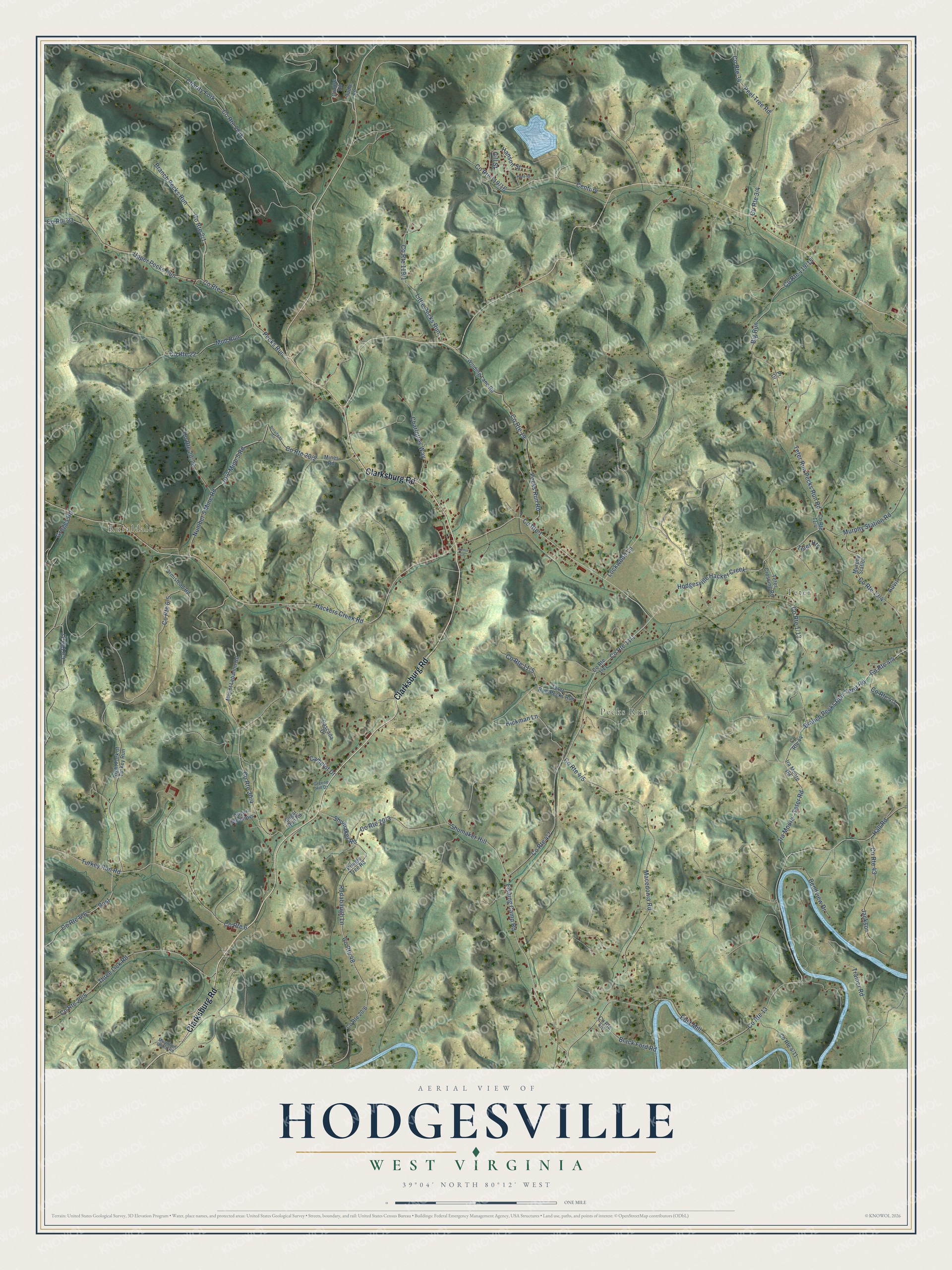 Full map of Hodgesville, West Virginia, with red buildings, printed street names and the land around them