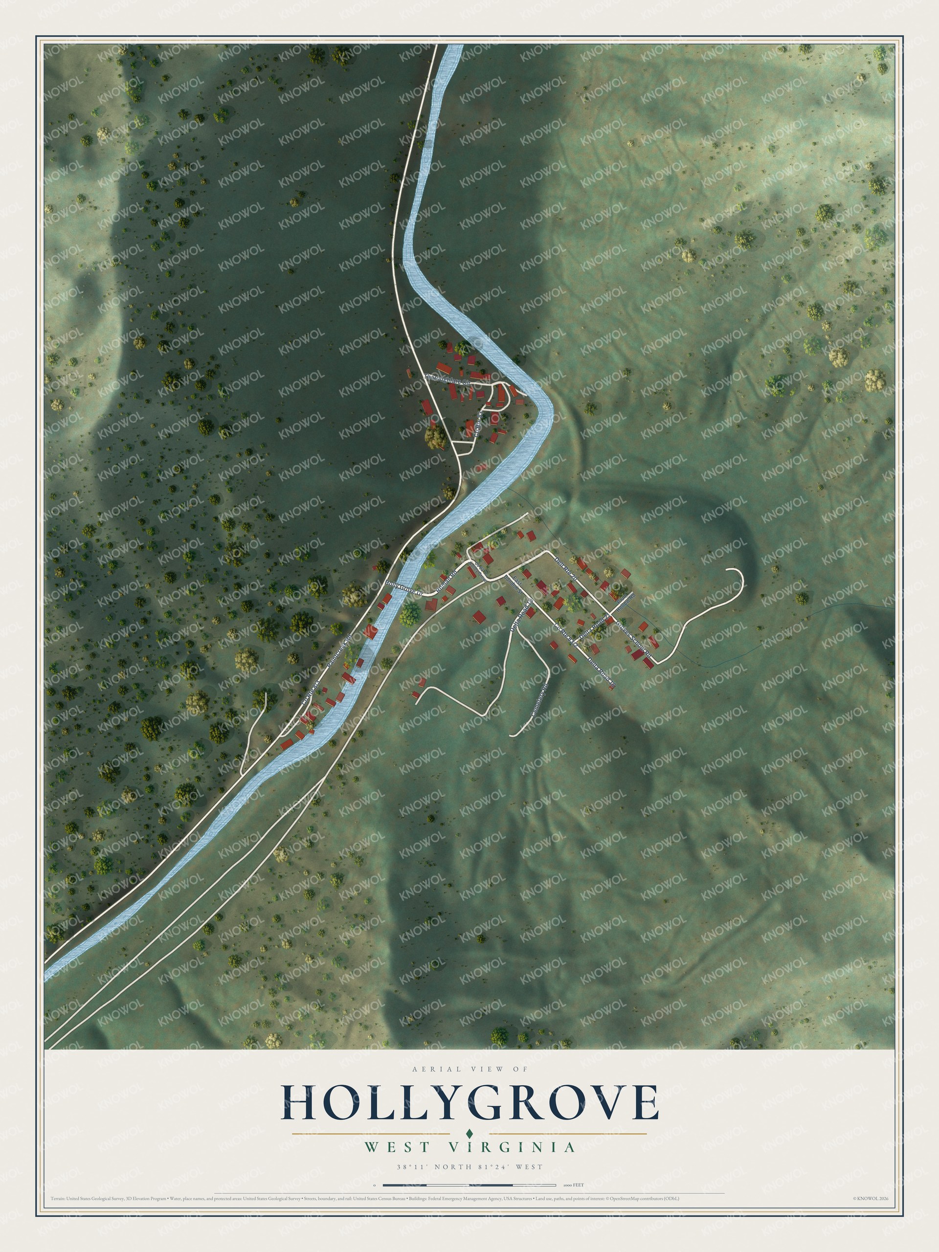 Full map of Hollygrove, West Virginia, with red buildings, printed street names and the land around them