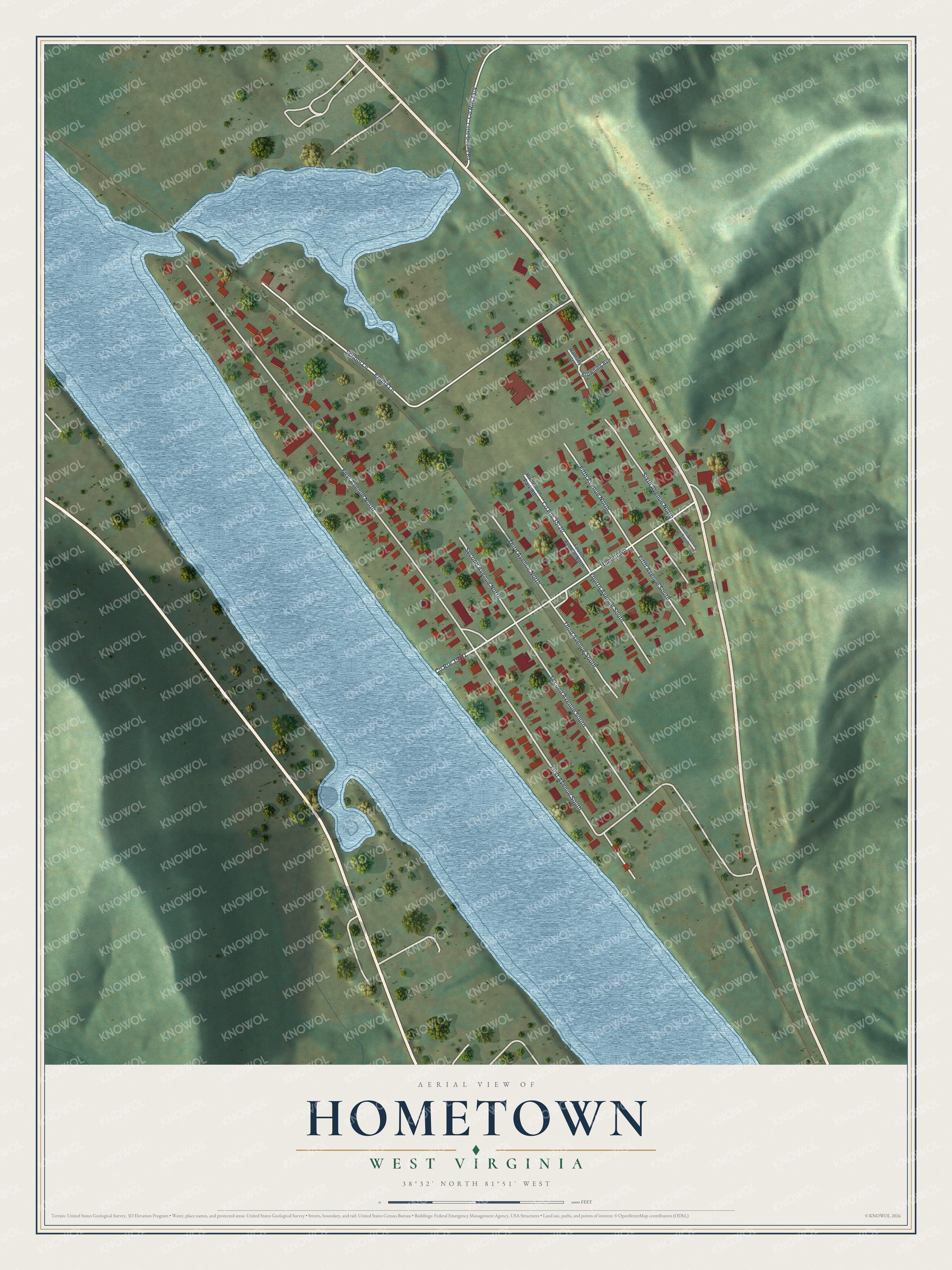 Full map of Hometown, West Virginia, with red buildings, printed street names and the land around them