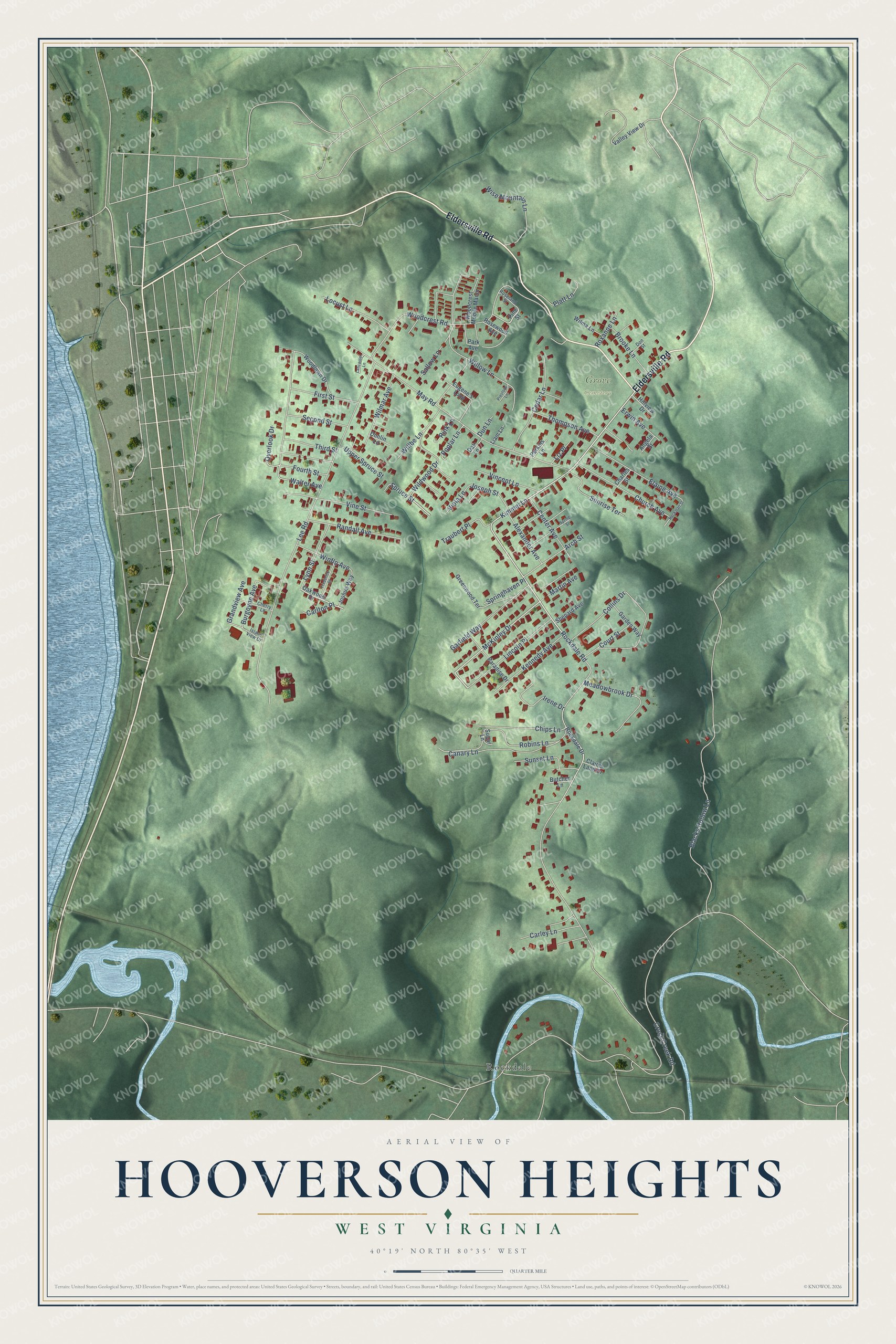 Full map of Hooverson Heights, West Virginia, with red buildings, printed street names and the land around them