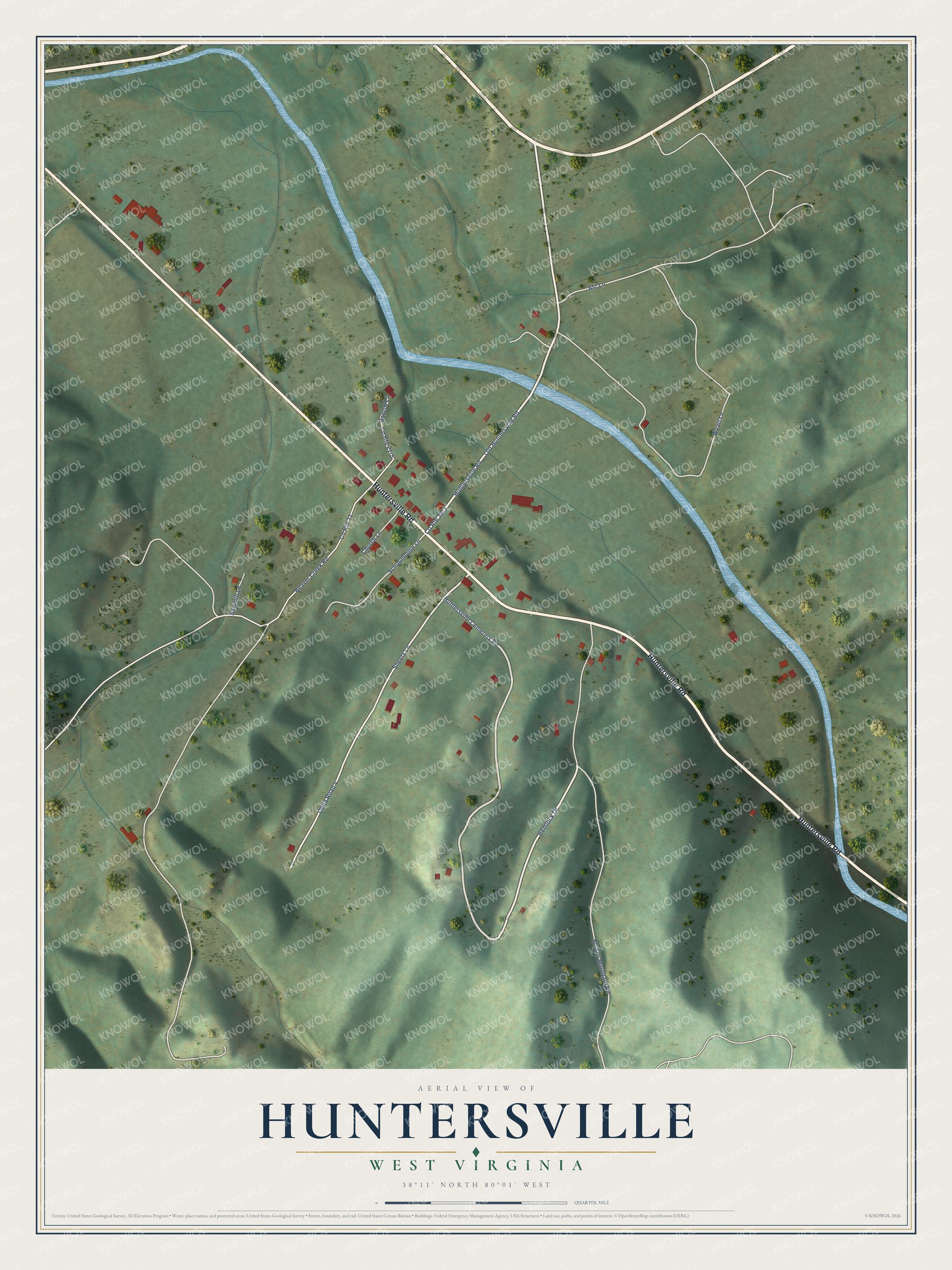 Full map of Huntersville, West Virginia, with red buildings, printed street names and the land around them