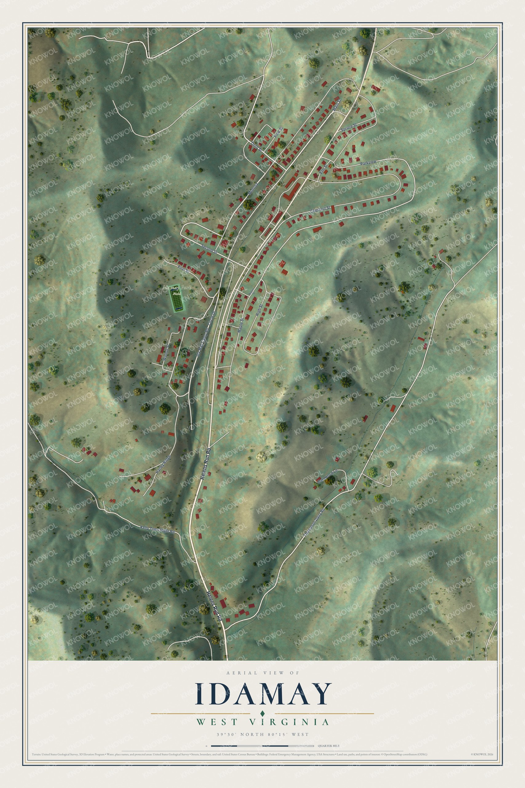 Full map of Idamay, West Virginia, with red buildings, printed street names and the land around them