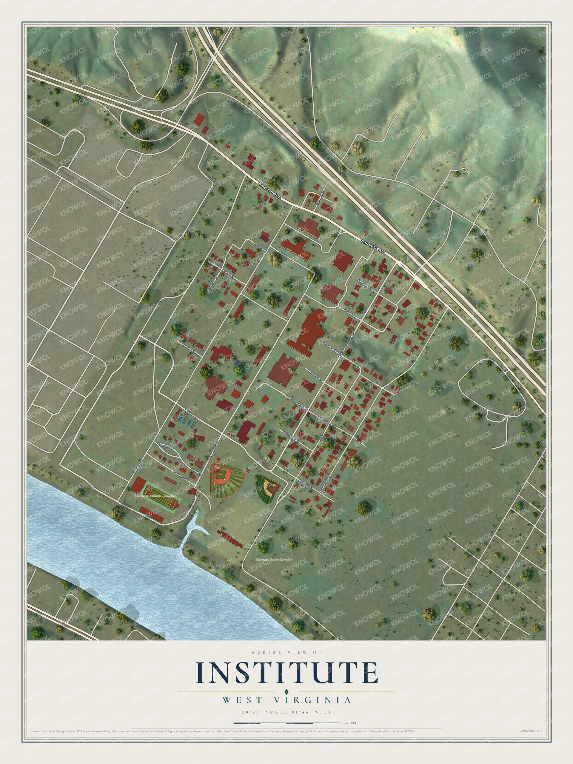 Full map of Institute, West Virginia, with red buildings, printed street names and the land around them