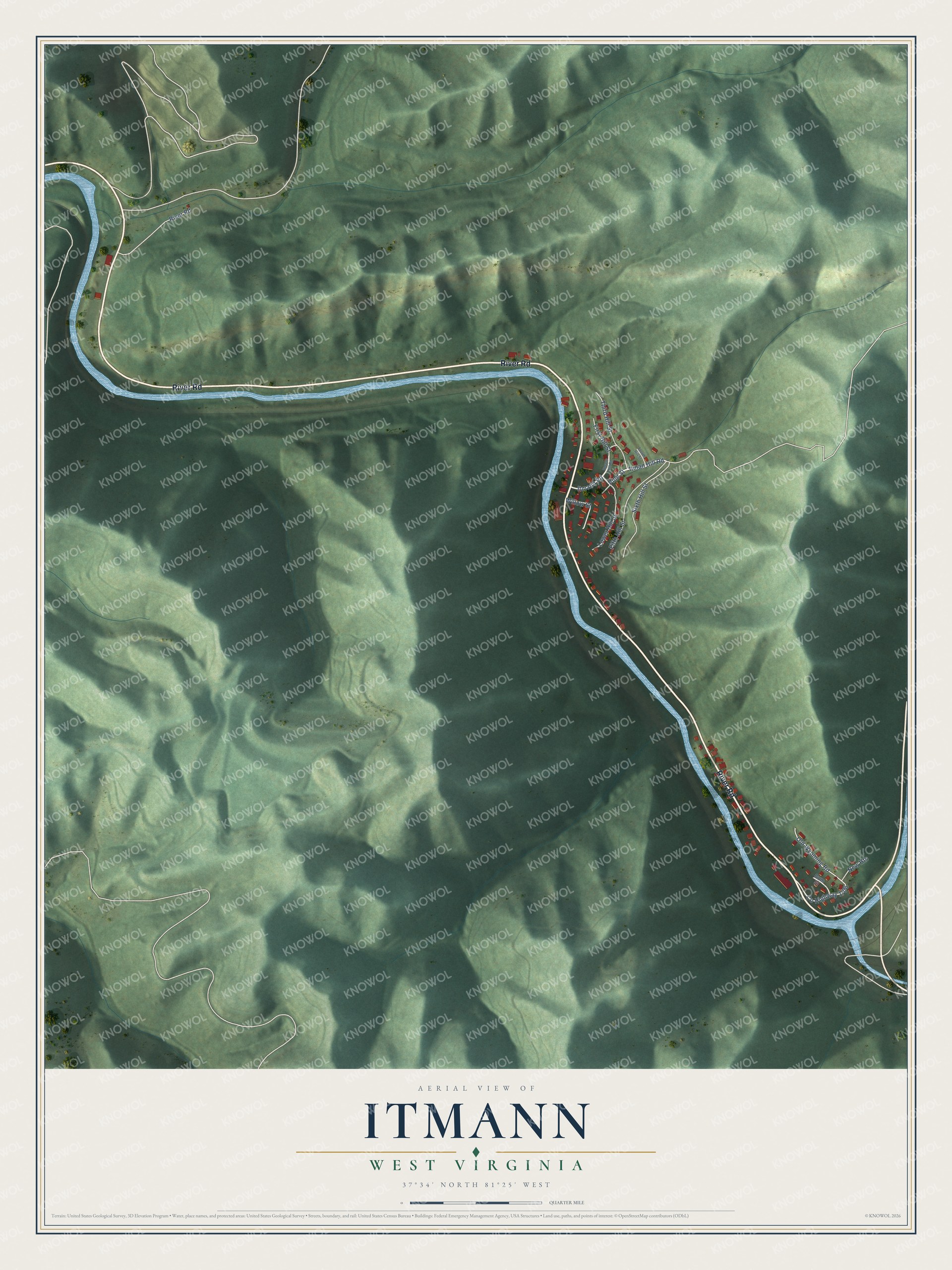 Full map of Itmann, West Virginia, with red buildings, printed street names and the land around them