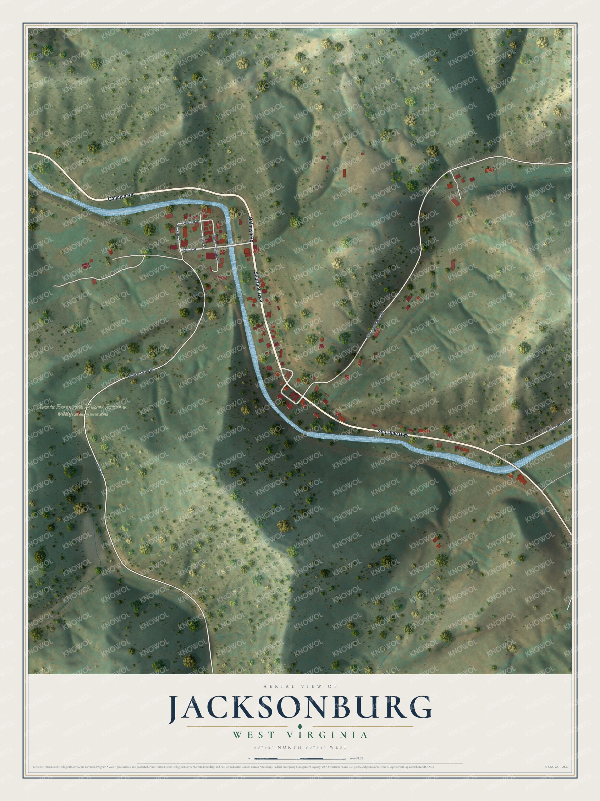 Full map of Jacksonburg, West Virginia, with red buildings, printed street names and the land around them