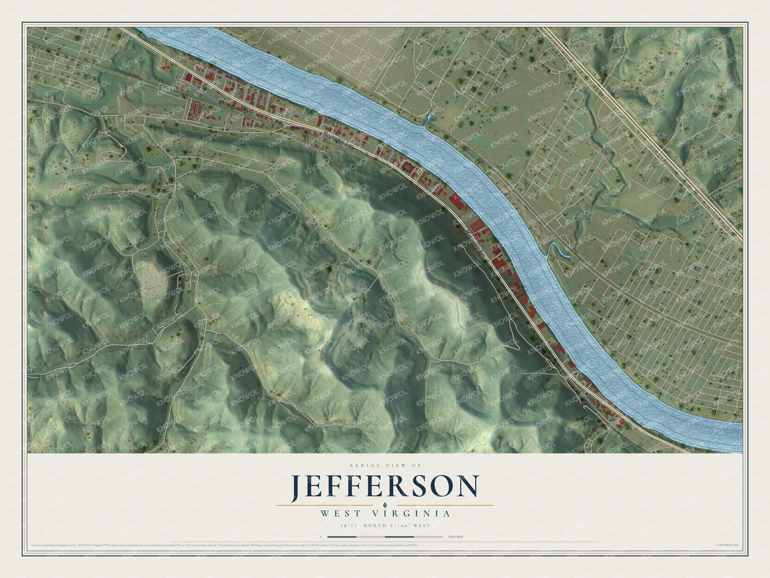 Full map of Jefferson, West Virginia, with red buildings, printed street names and the land around them