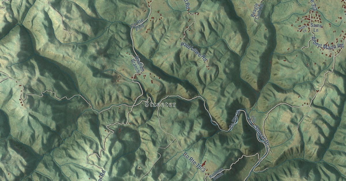 Close-up of streets and buildings in Jumping Branch, West Virginia