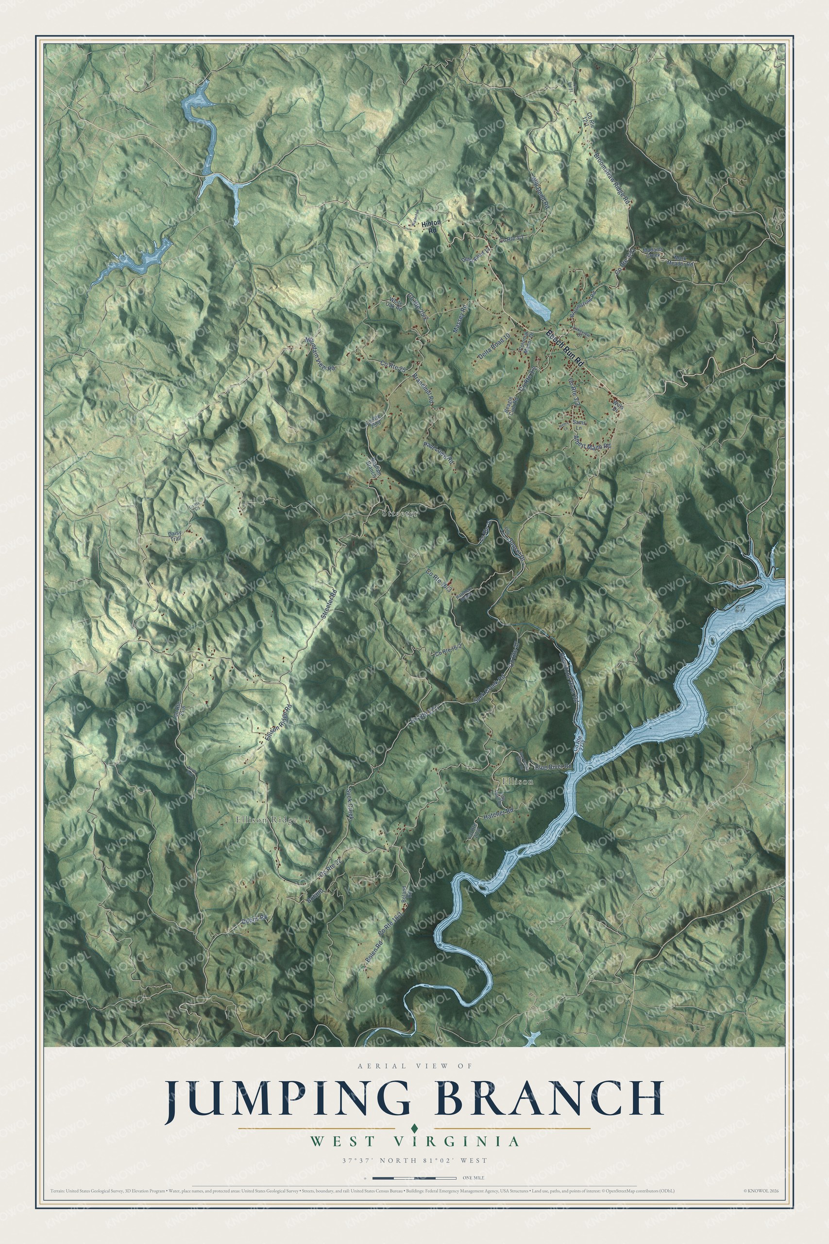 Full map of Jumping Branch, West Virginia, with red buildings, printed street names and the land around them