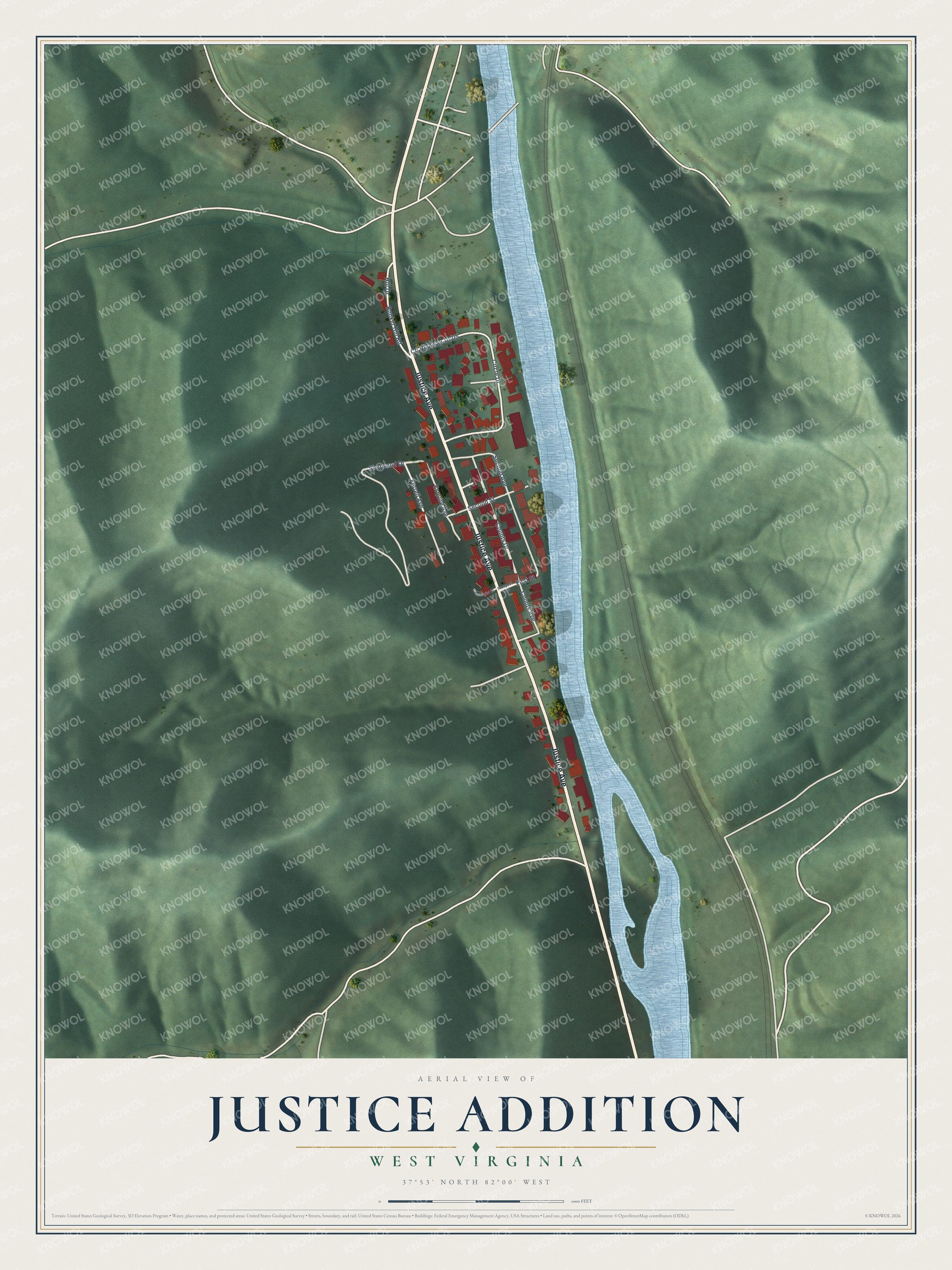 Full map of Justice Addition, West Virginia, with red buildings, printed street names and the land around them