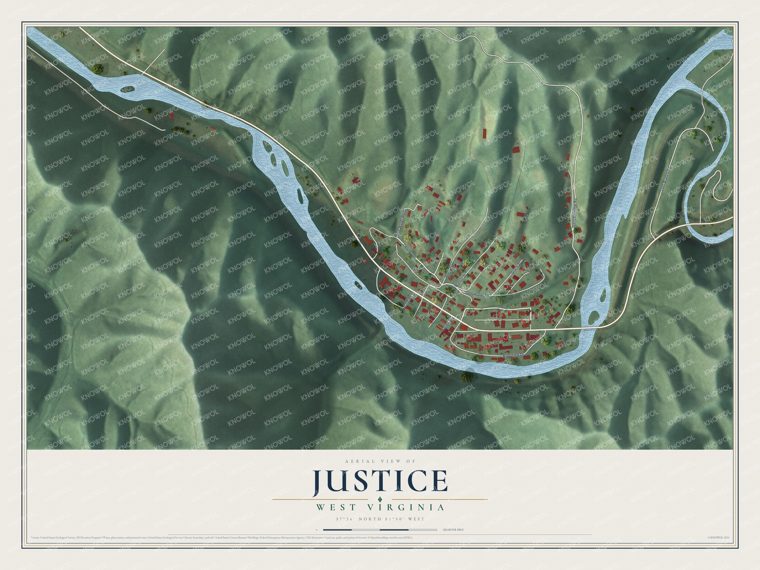 Full map of Justice, West Virginia, with red buildings, printed street names and the land around them