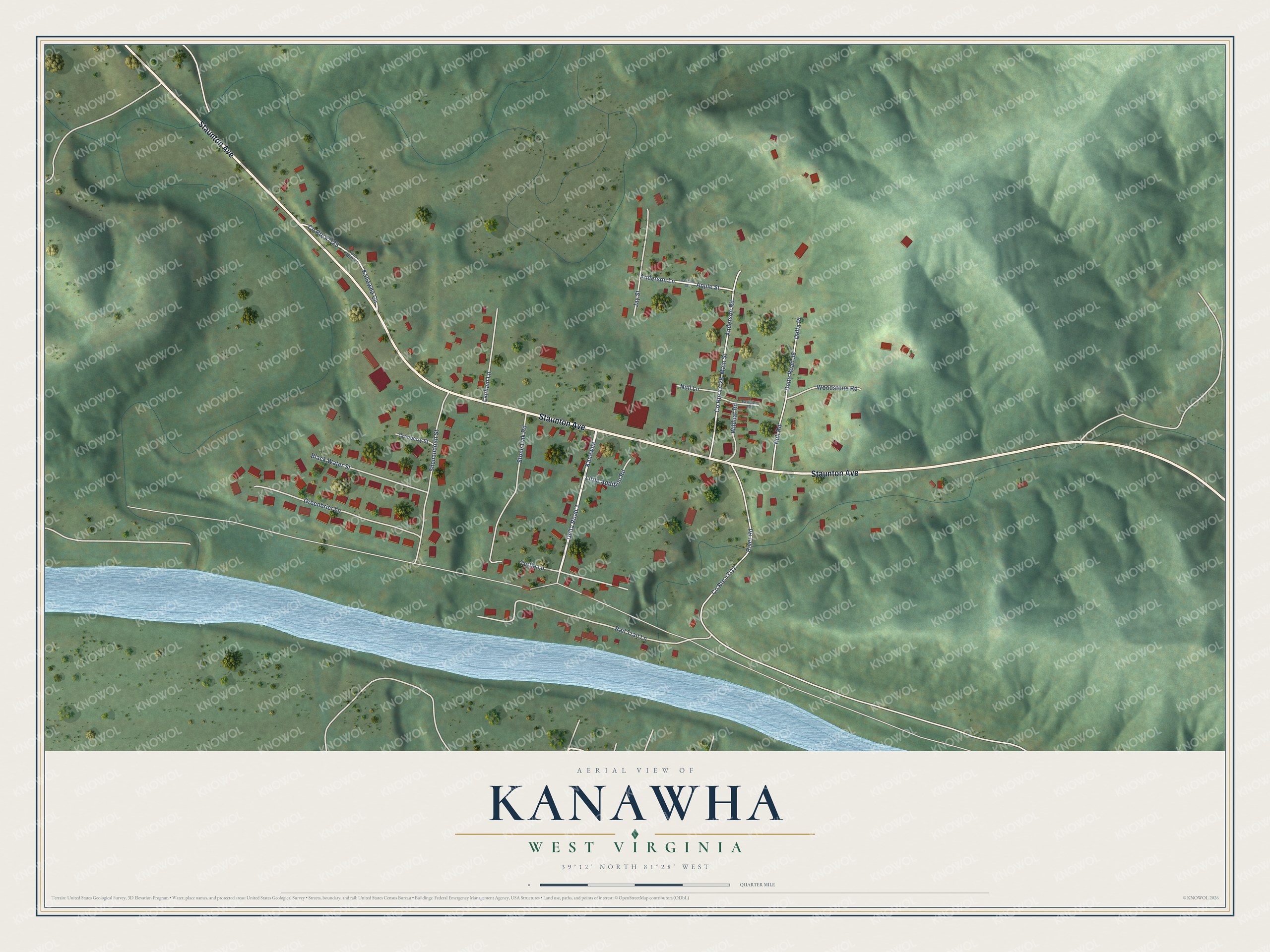 Full map of Kanawha, West Virginia, with red buildings, printed street names and the land around them