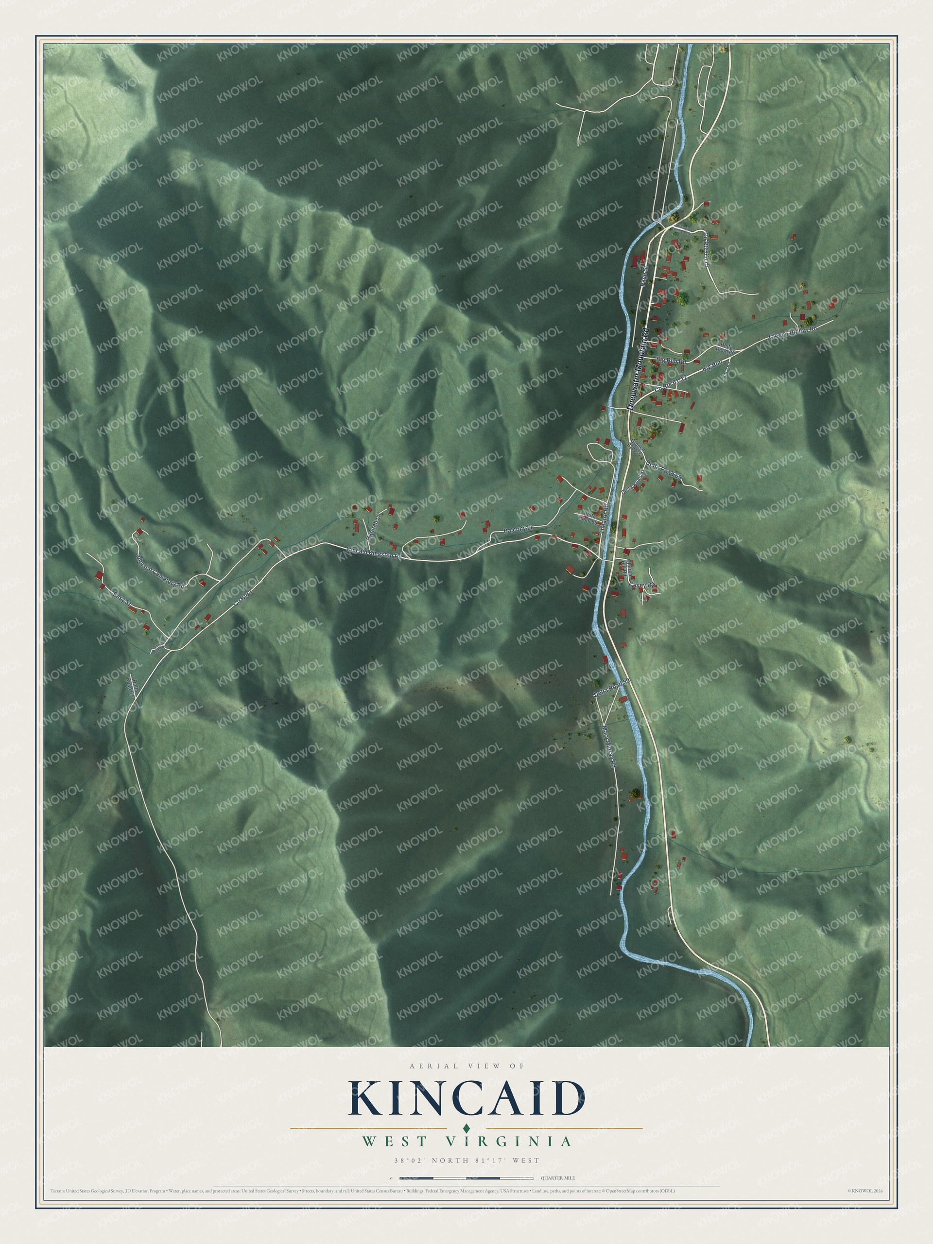 Full map of Kincaid, West Virginia, with red buildings, printed street names and the land around them