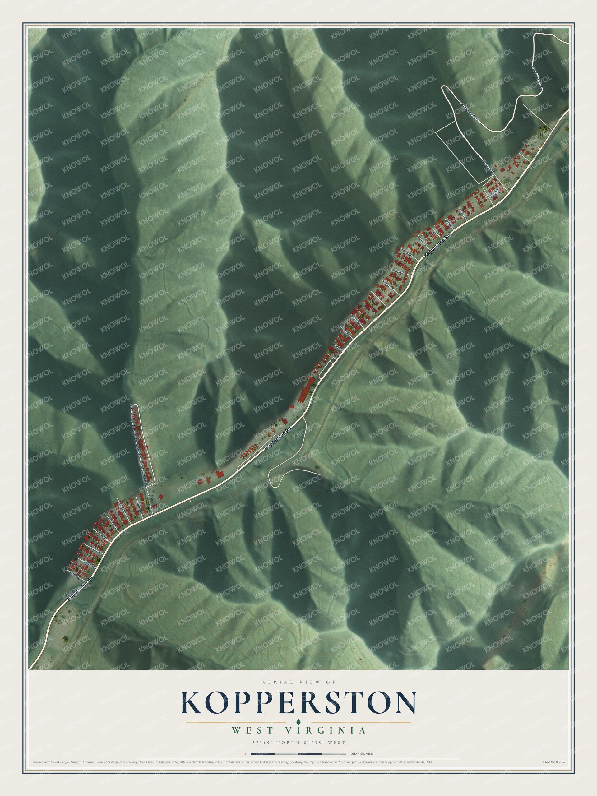 Full map of Kopperston, West Virginia, with red buildings, printed street names and the land around them