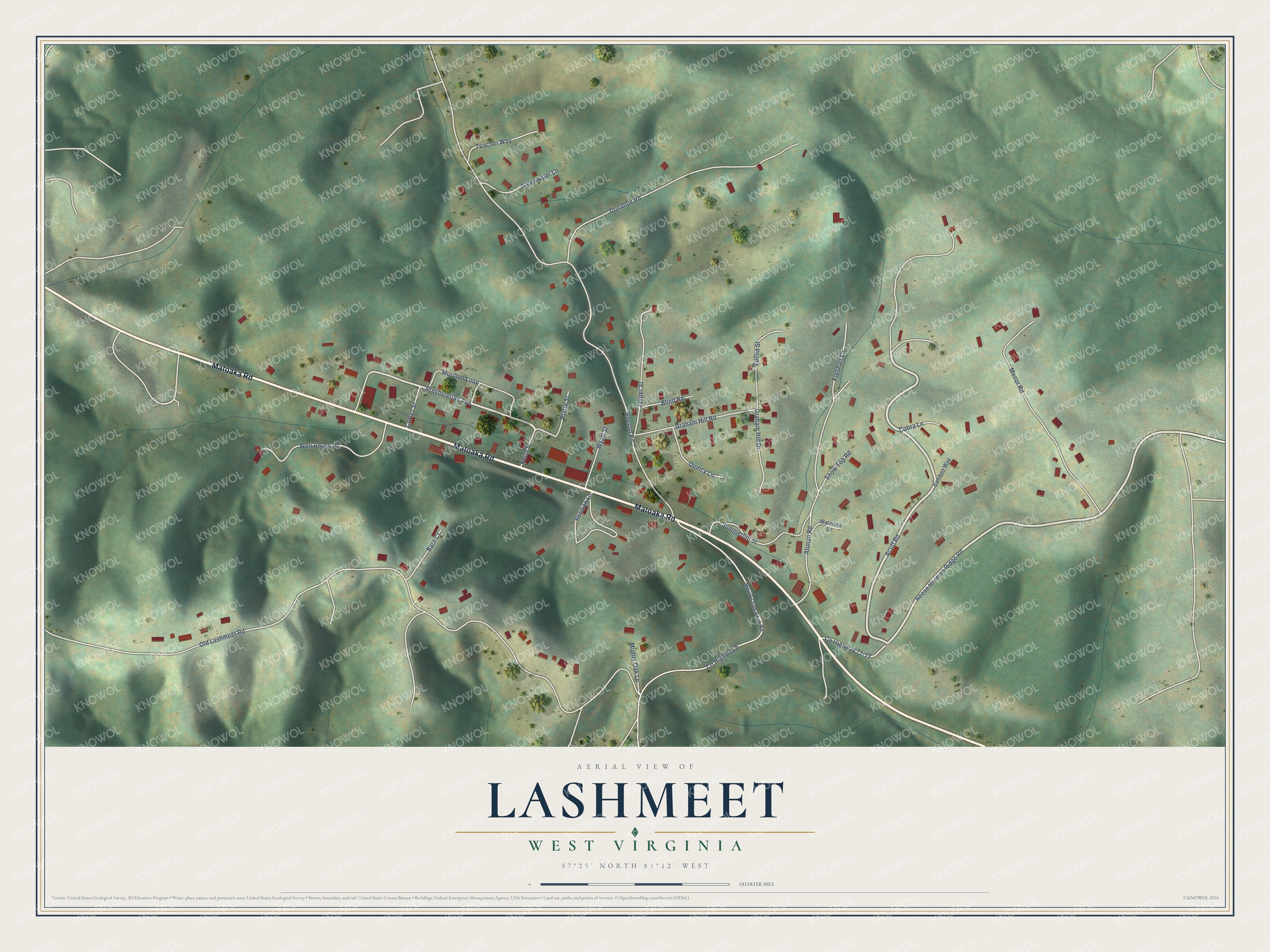 Full map of Lashmeet, West Virginia, with red buildings, printed street names and the land around them