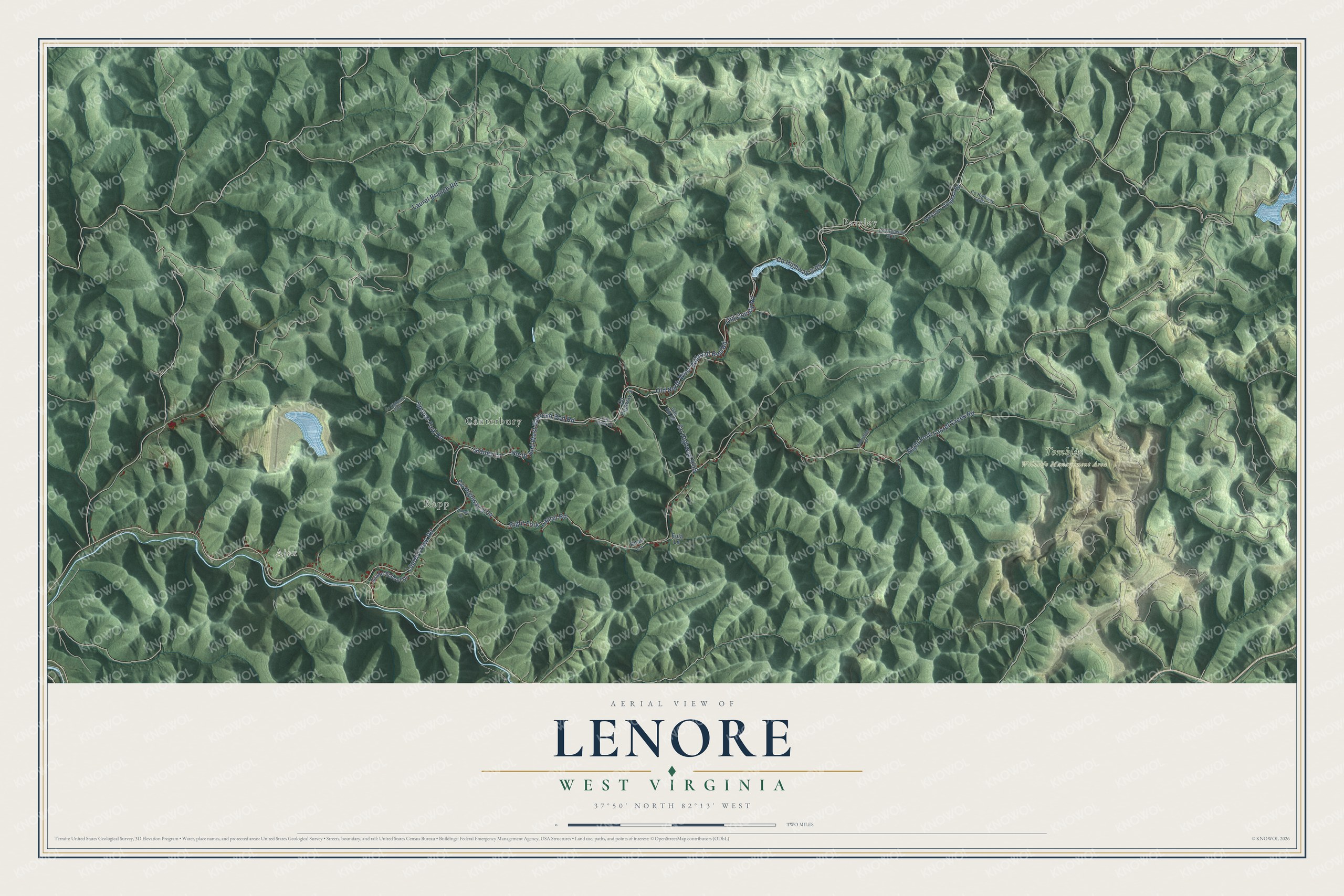 Full map of Lenore, West Virginia, with red buildings, printed street names and the land around them