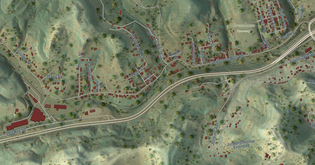 Close-up of streets and buildings in Liberty, West Virginia
