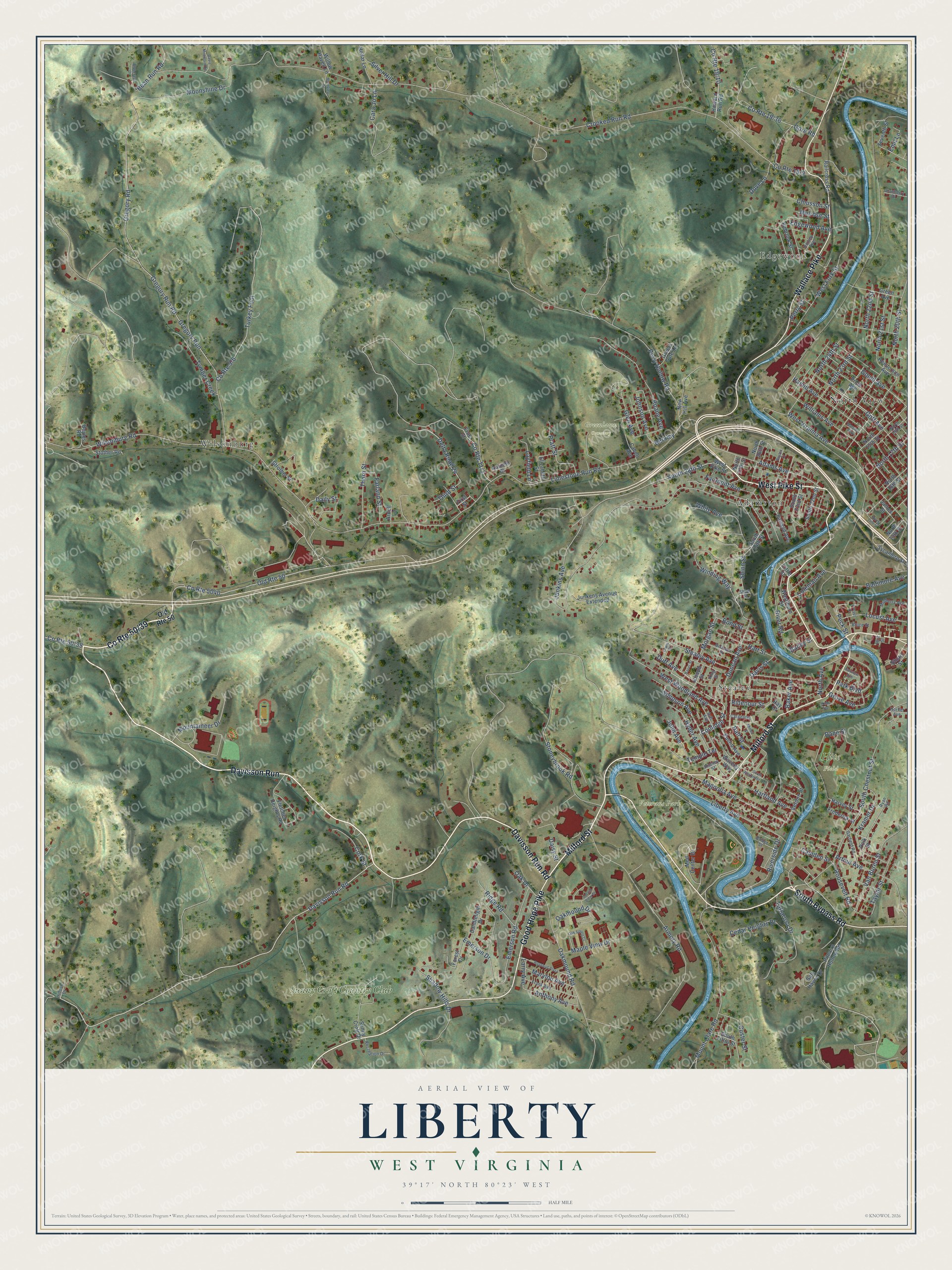 Full map of Liberty, West Virginia, with red buildings, printed street names and the land around them