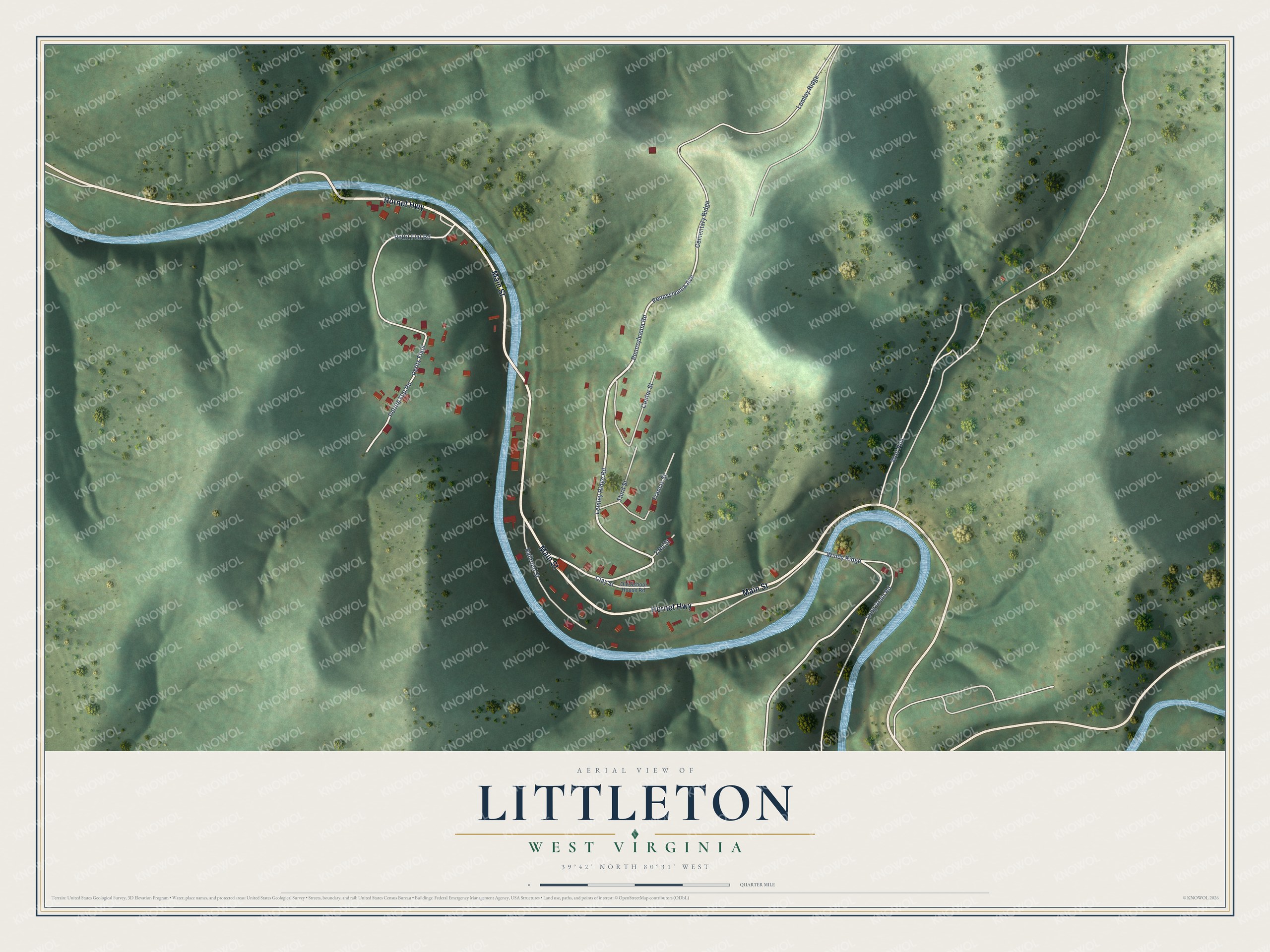 Full map of Littleton, West Virginia, with red buildings, printed street names and the land around them