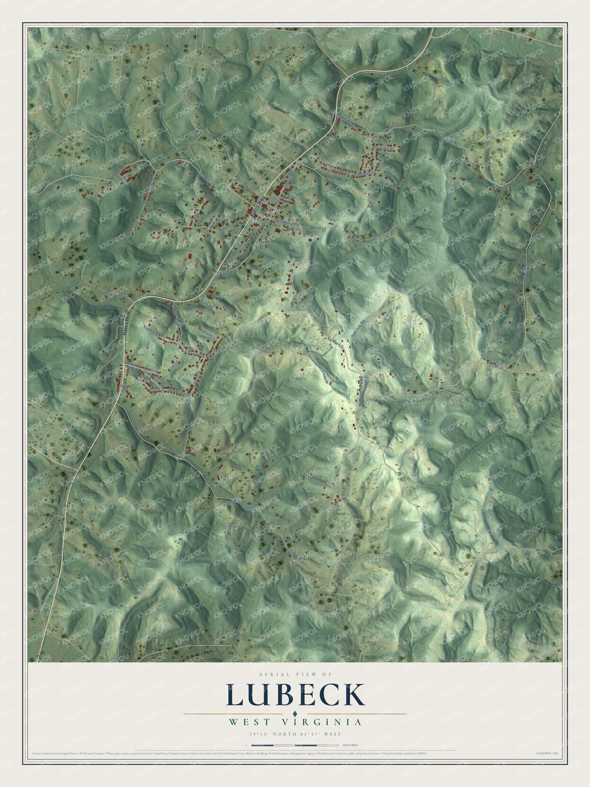 Full map of Lubeck, West Virginia, with red buildings, printed street names and the land around them
