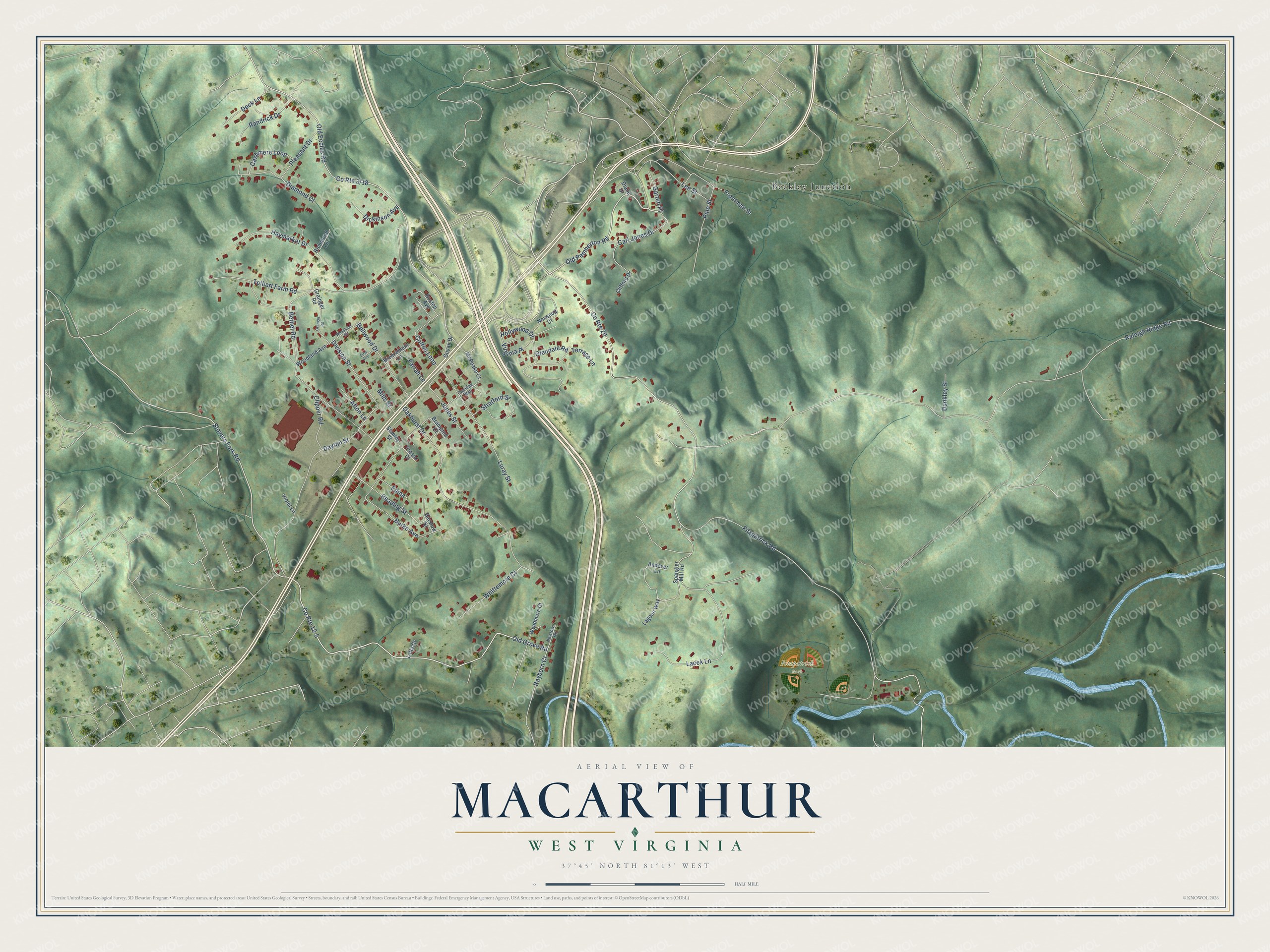 Full map of MacArthur, West Virginia, with red buildings, printed street names and the land around them