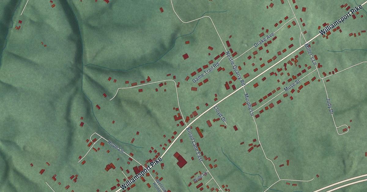 Close-up of streets and buildings in Marlowe, West Virginia