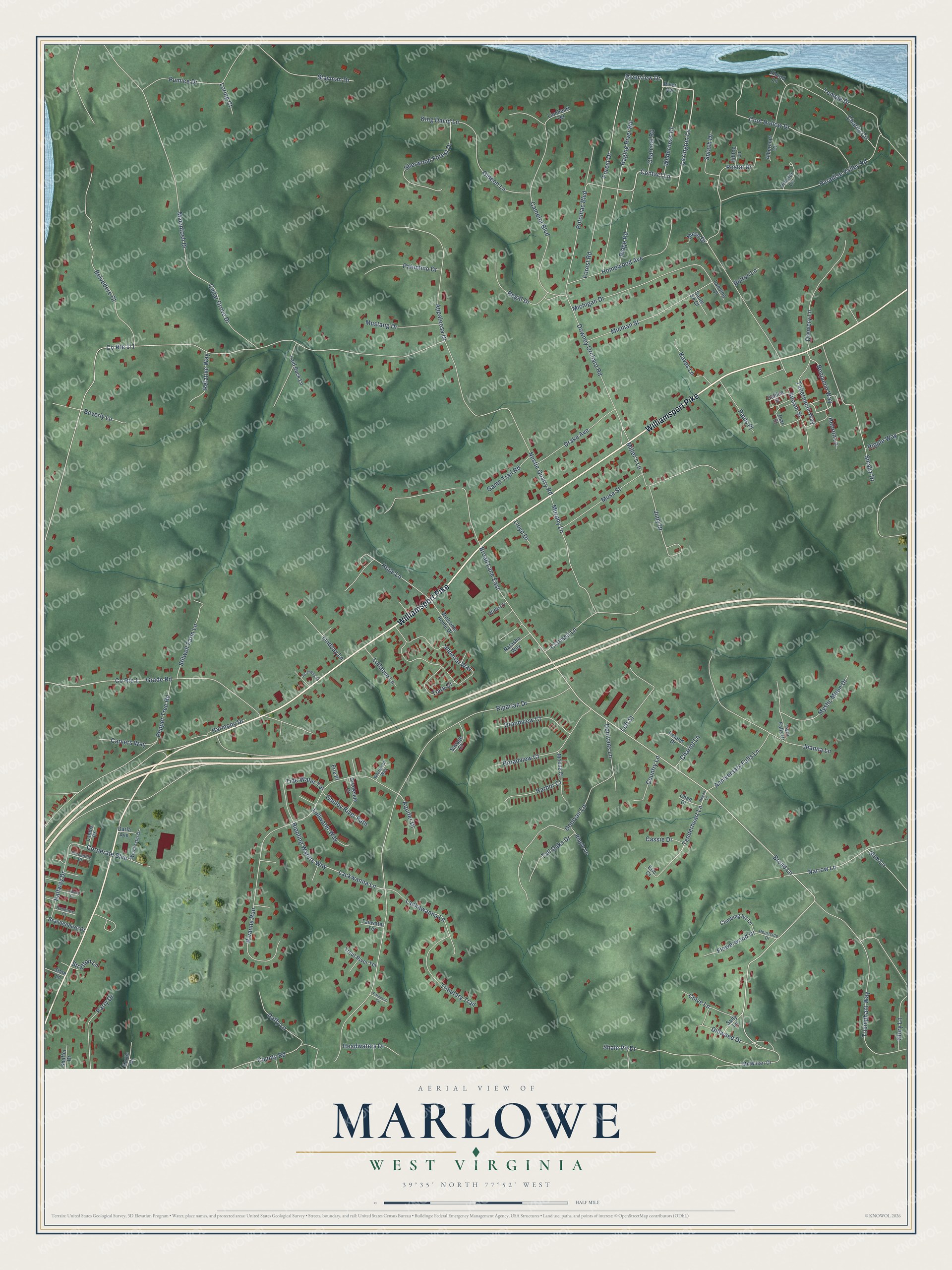 Full map of Marlowe, West Virginia, with red buildings, printed street names and the land around them