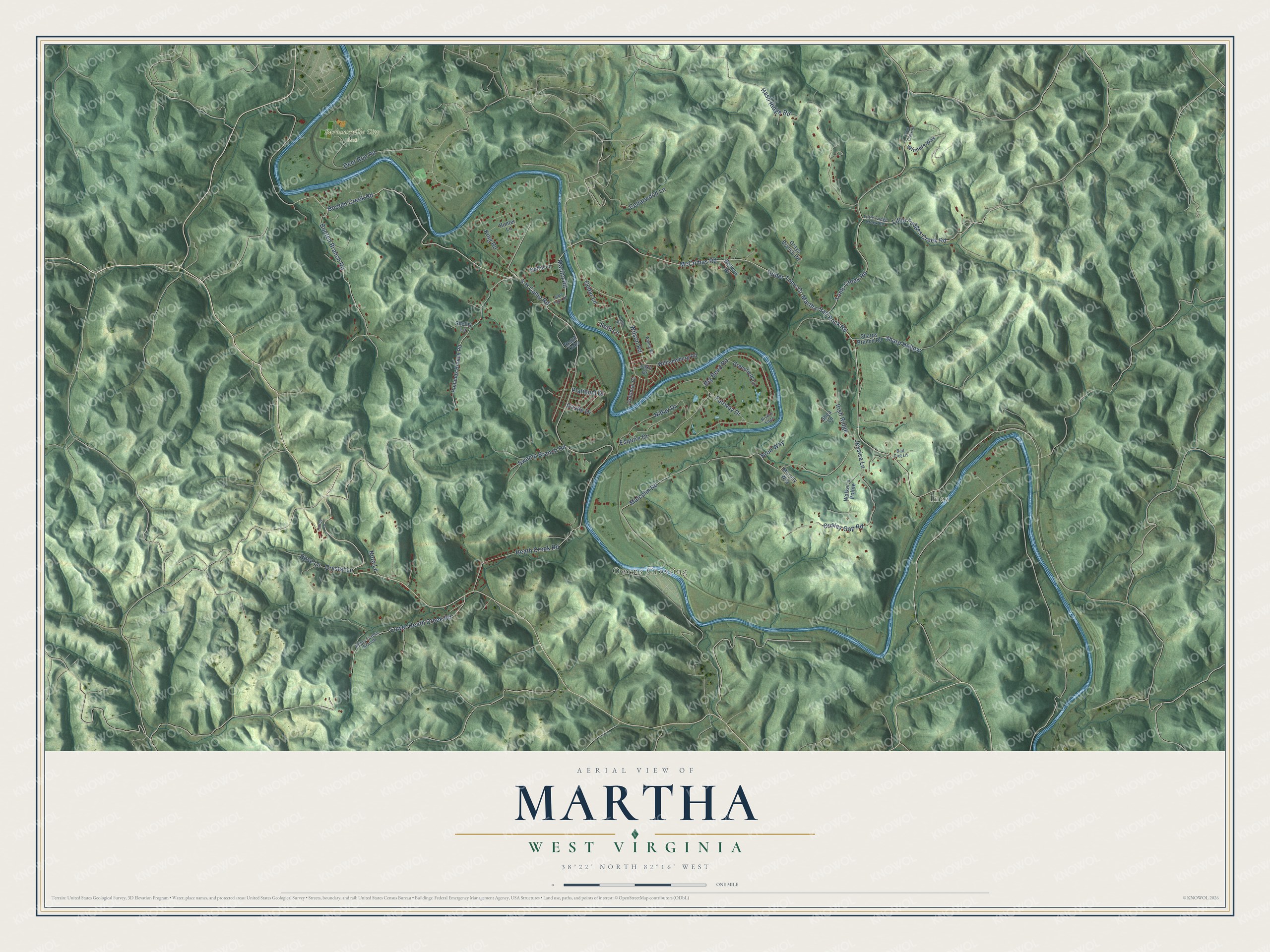 Full map of Martha, West Virginia, with red buildings, printed street names and the land around them