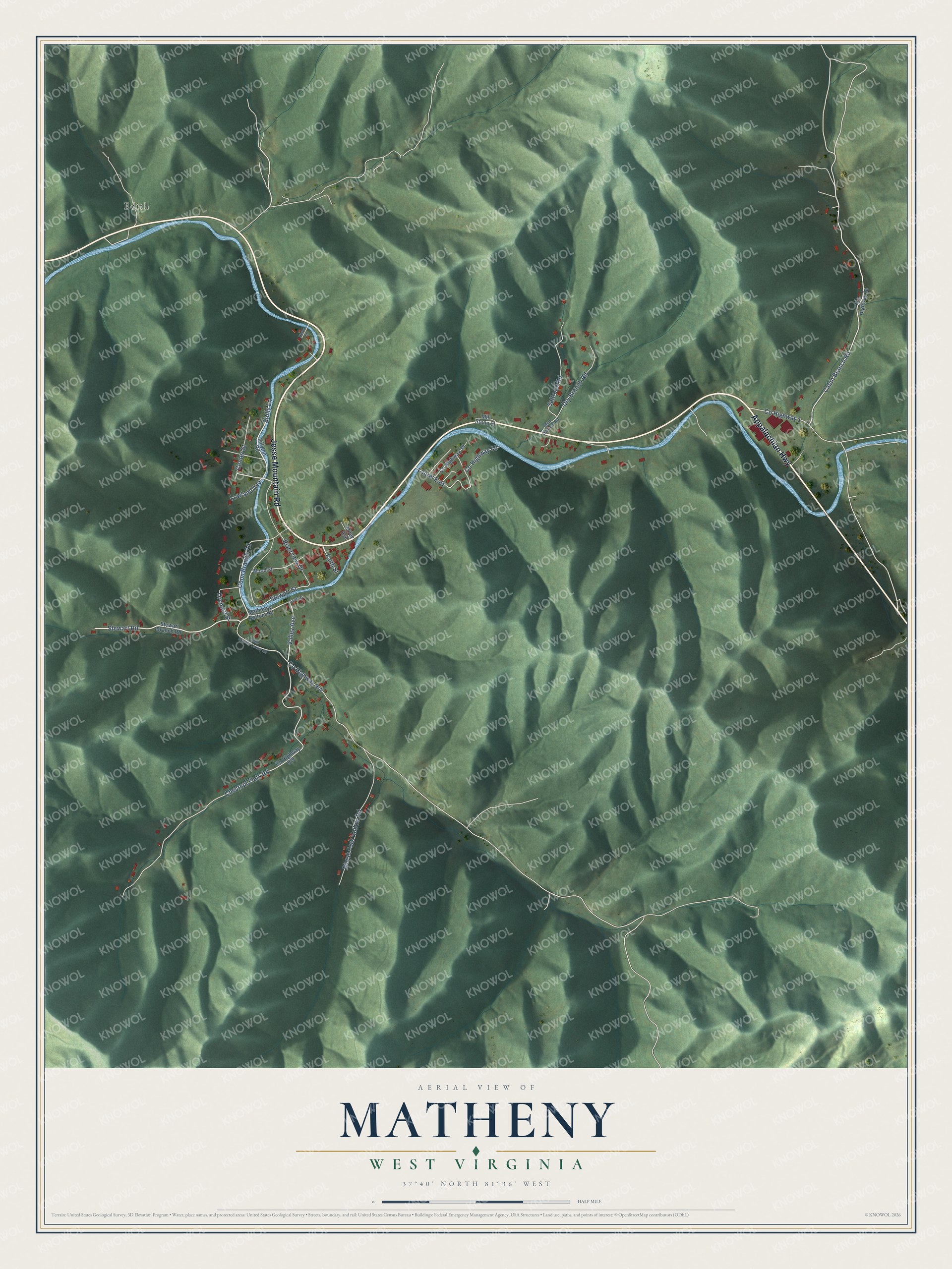 Full map of Matheny, West Virginia, with red buildings, printed street names and the land around them