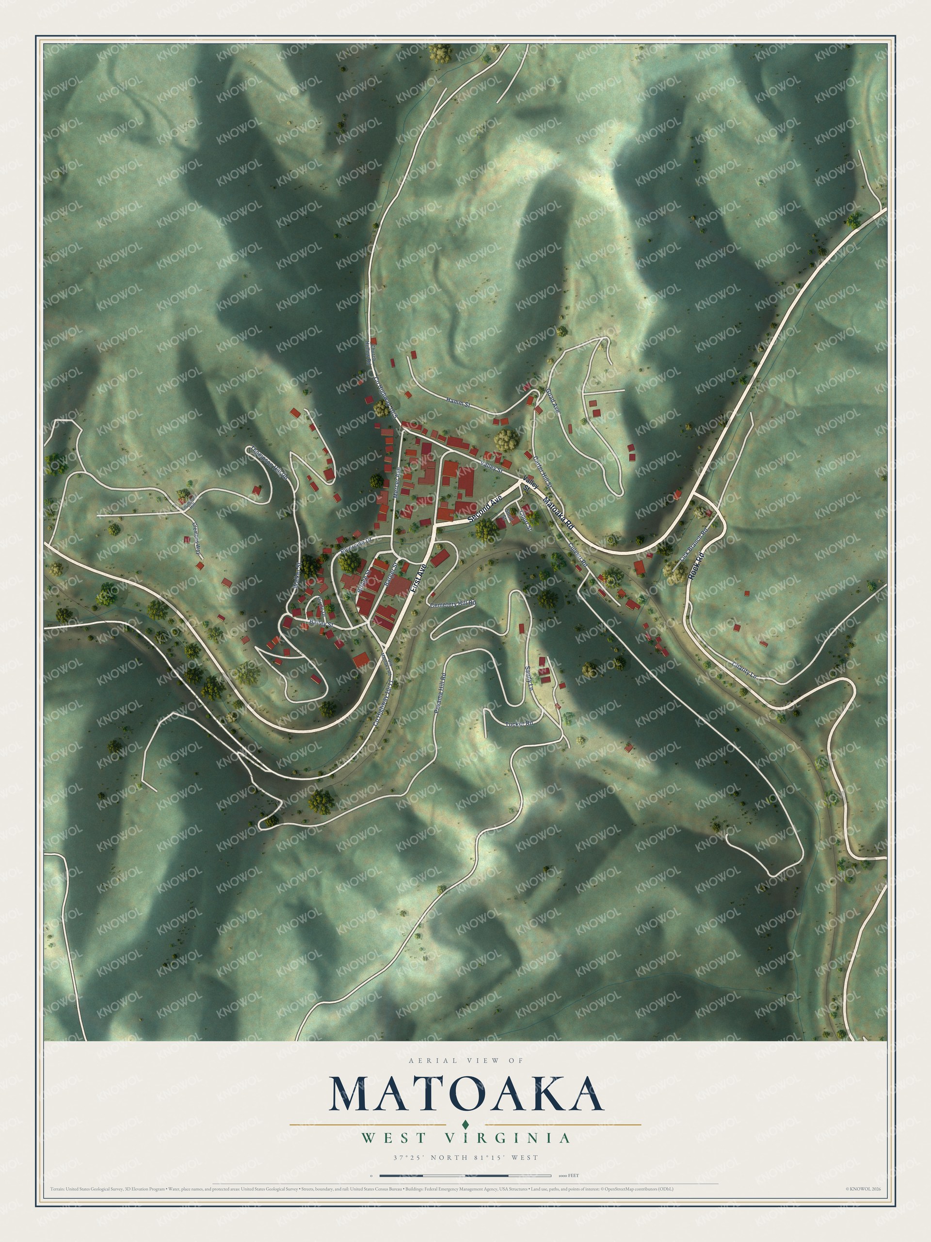 Full map of Matoaka, West Virginia, with red buildings, printed street names and the land around them