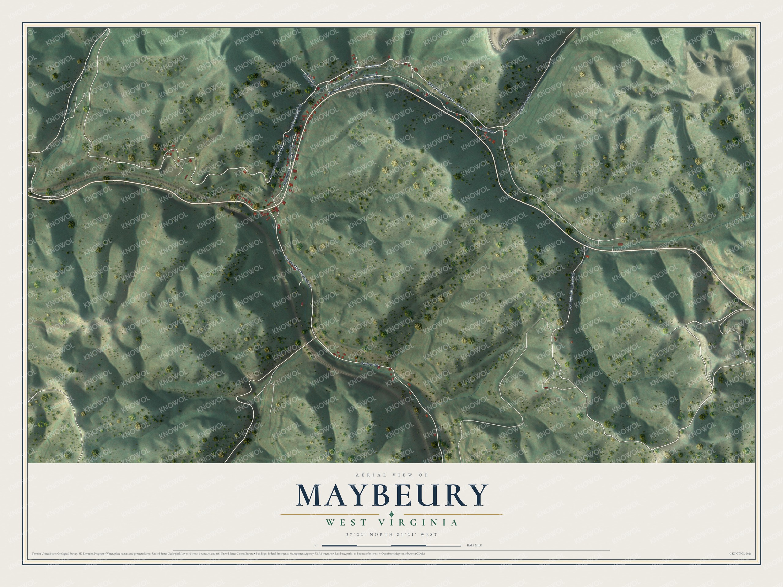 Full map of Maybeury, West Virginia, with red buildings, printed street names and the land around them