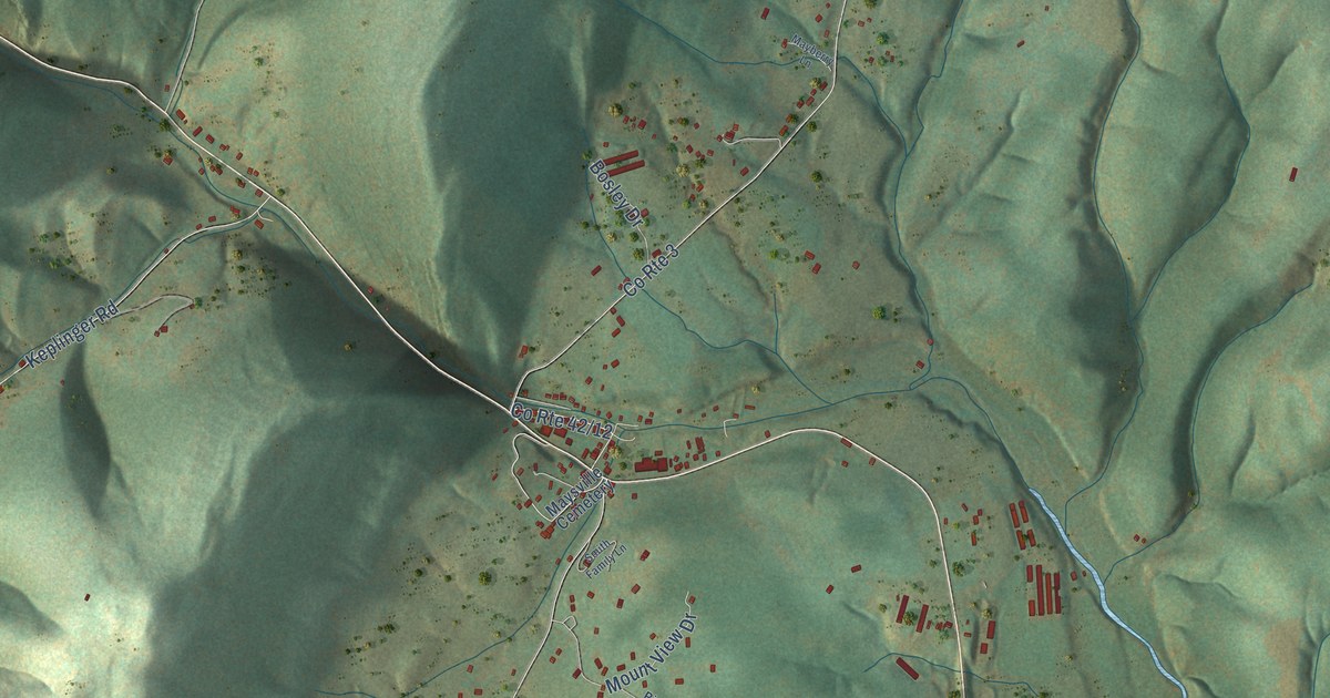 Close-up of streets and buildings in Maysville, West Virginia