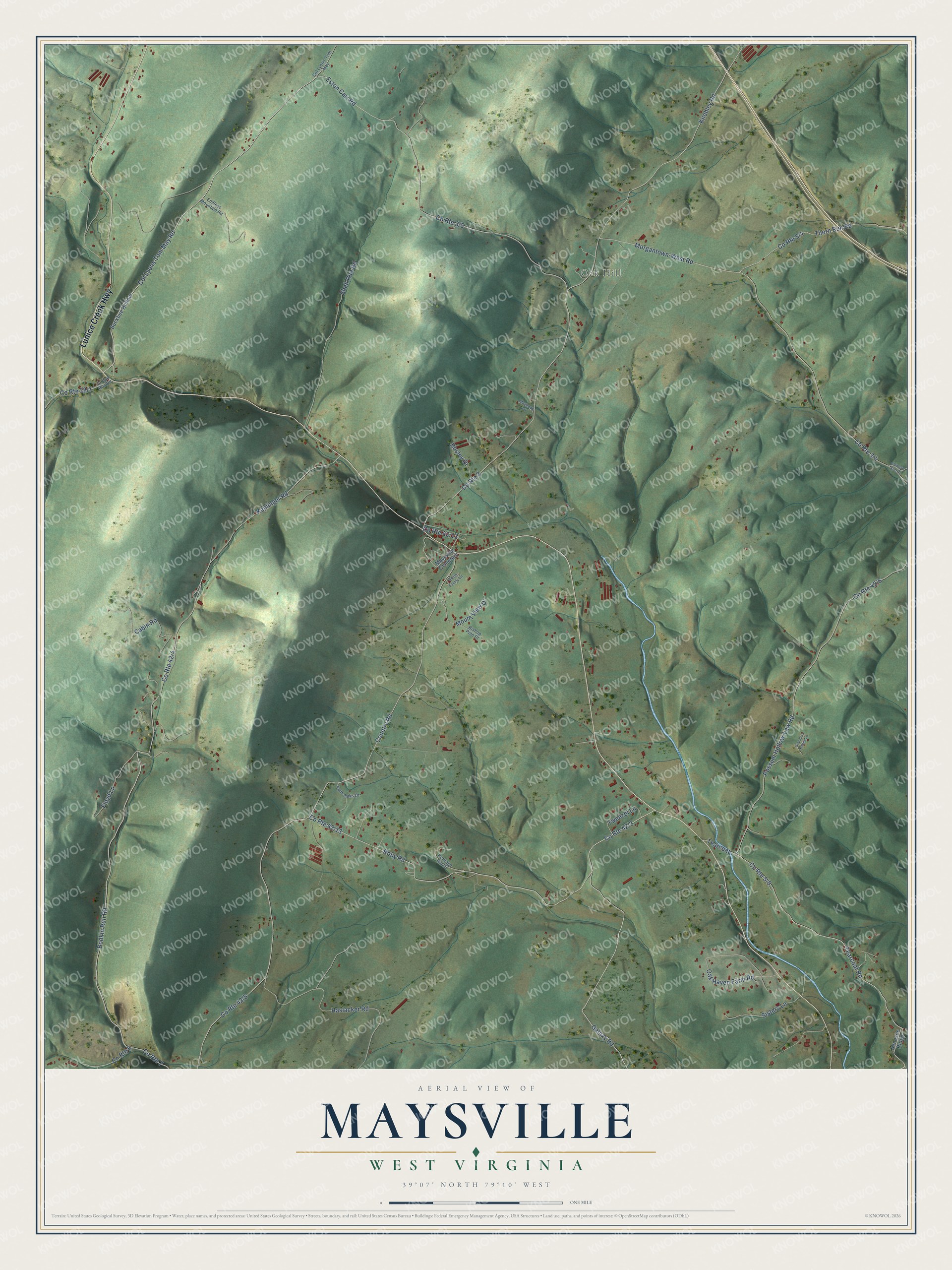 Full map of Maysville, West Virginia, with red buildings, printed street names and the land around them
