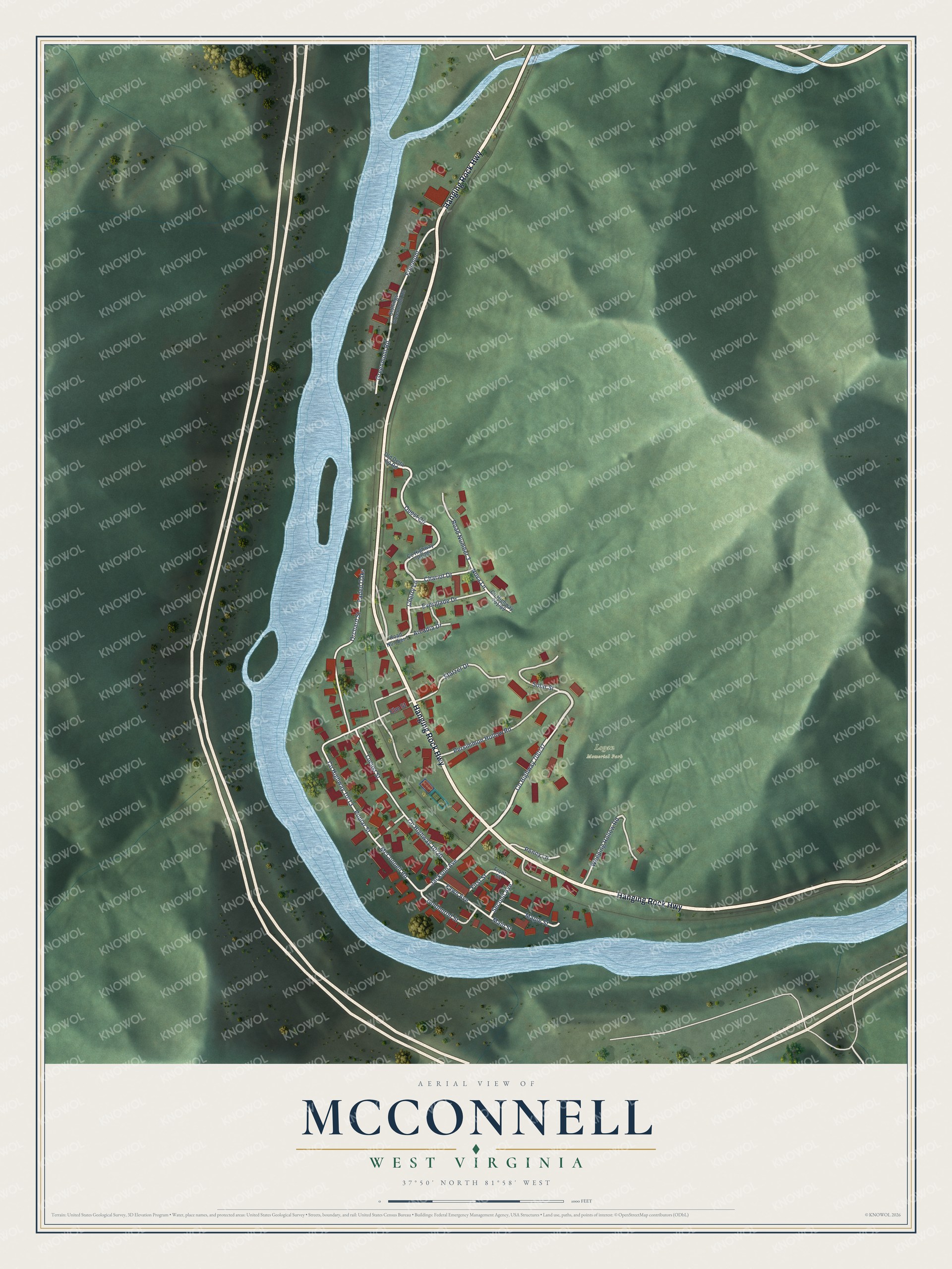 Full map of McConnell, West Virginia, with red buildings, printed street names and the land around them