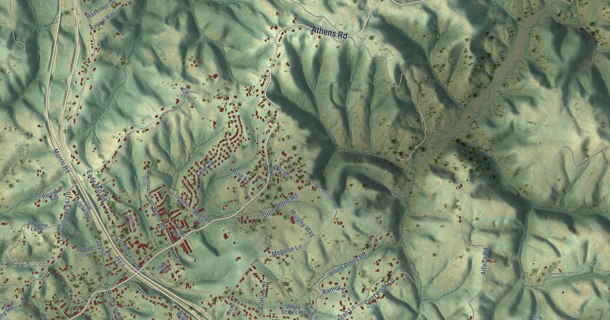 Close-up of streets and buildings in Melrose, West Virginia
