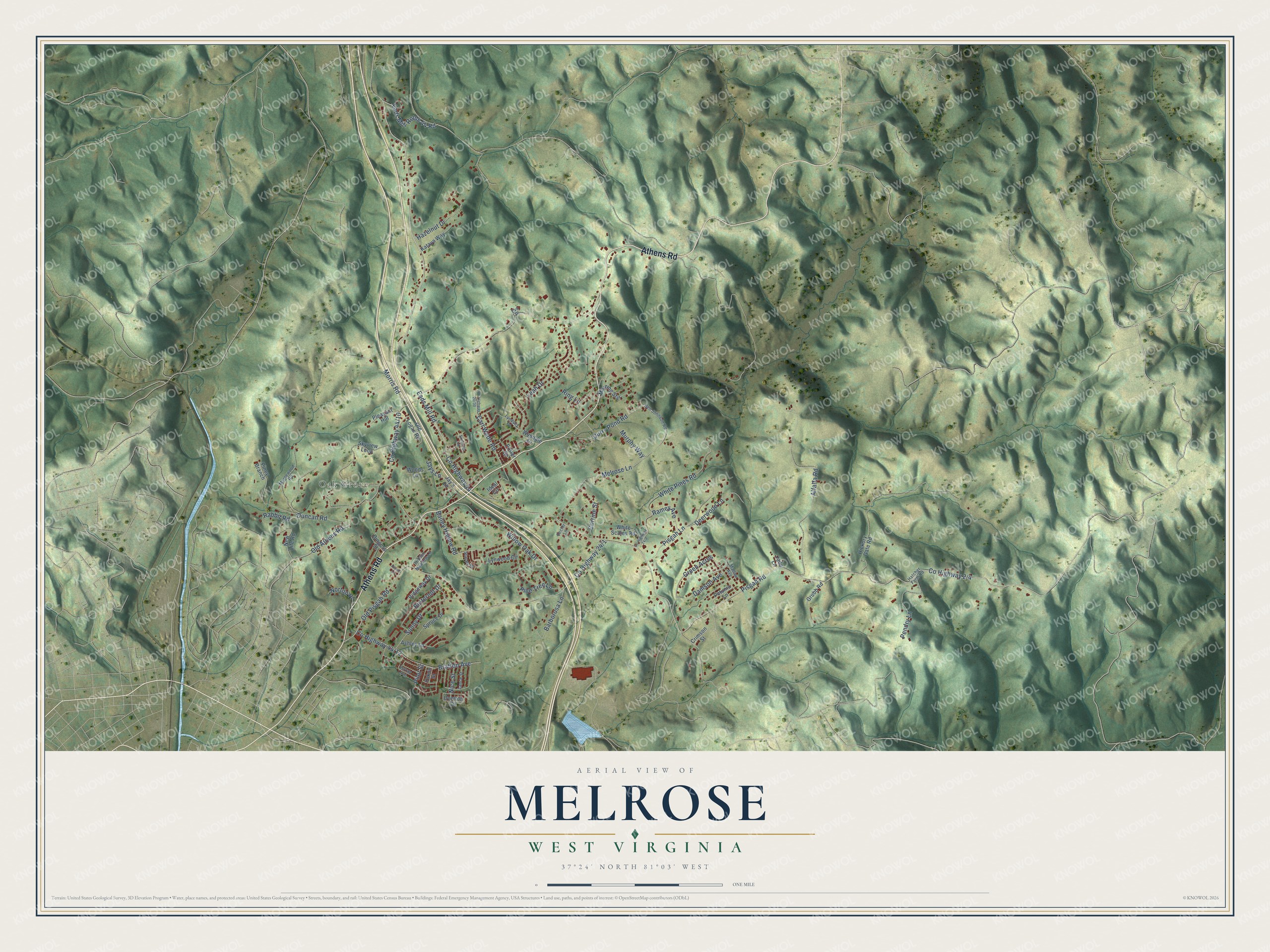 Full map of Melrose, West Virginia, with red buildings, printed street names and the land around them