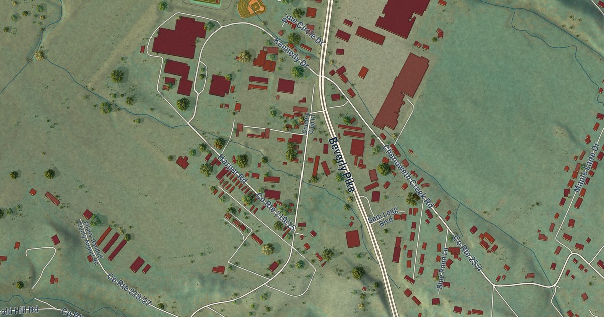 Close-up of streets and buildings in Midland, West Virginia