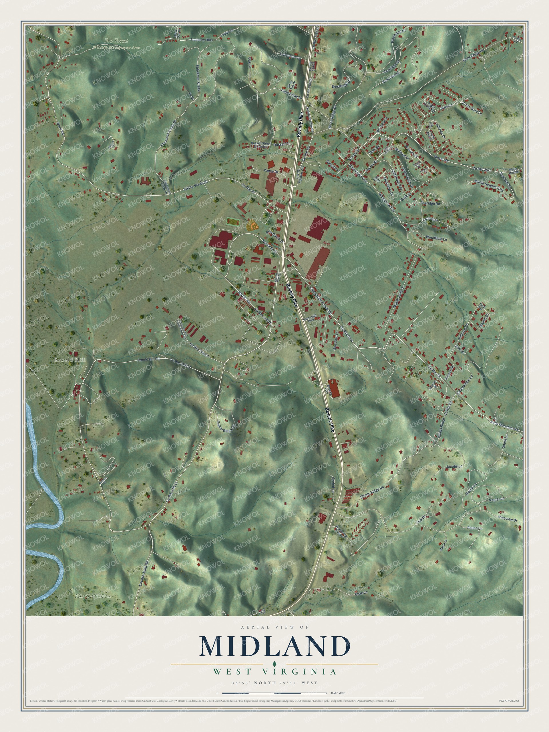 Full map of Midland, West Virginia, with red buildings, printed street names and the land around them