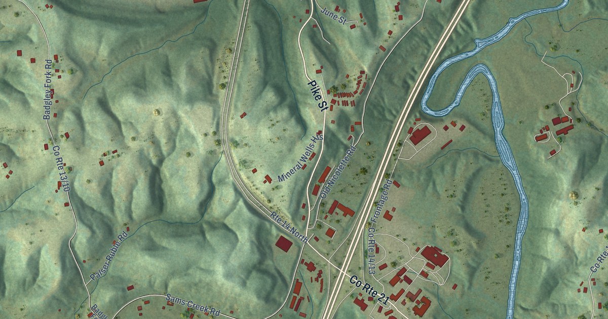 Close-up of streets and buildings in Mineral Wells, West Virginia