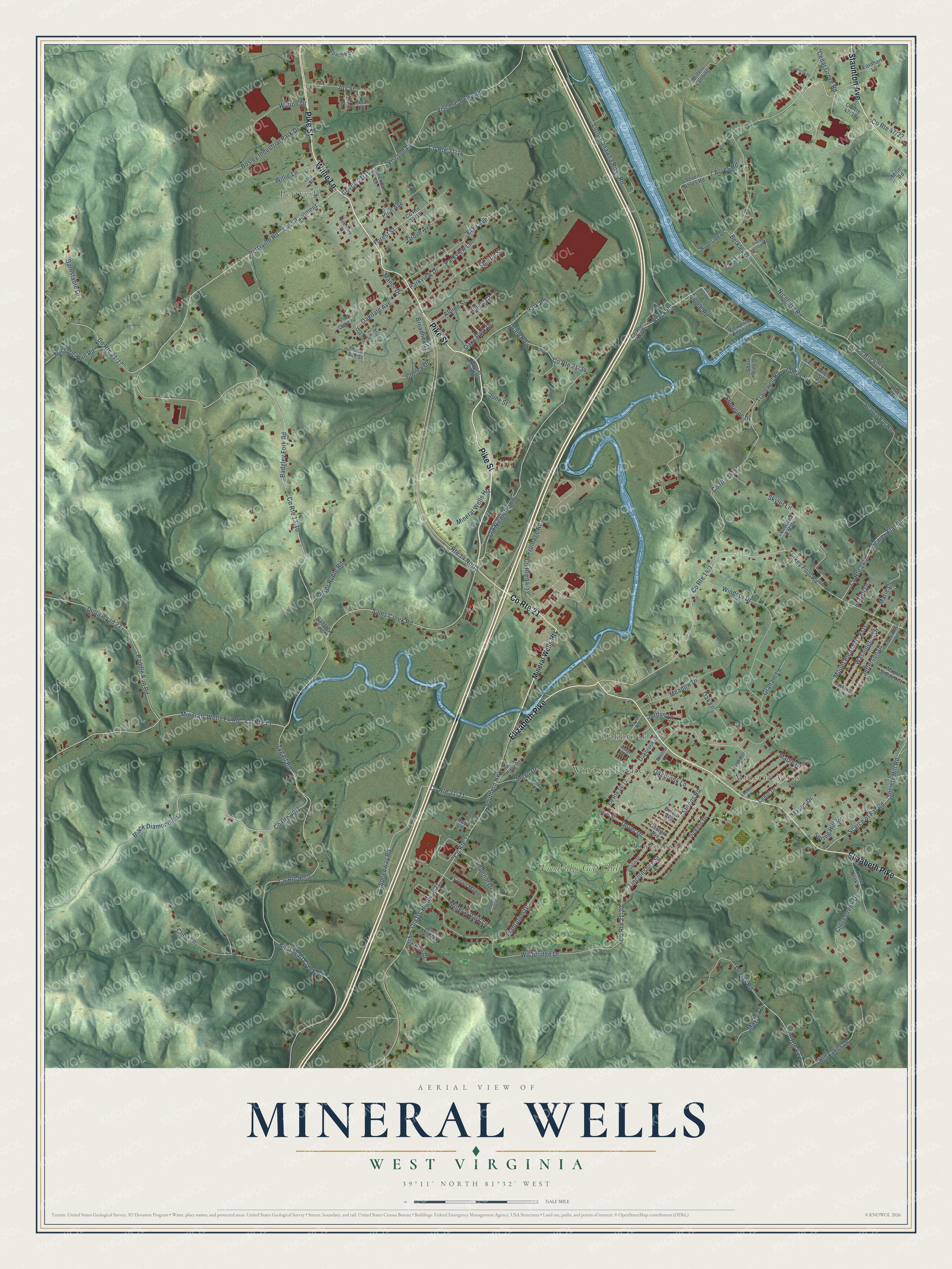 Full map of Mineral Wells, West Virginia, with red buildings, printed street names and the land around them