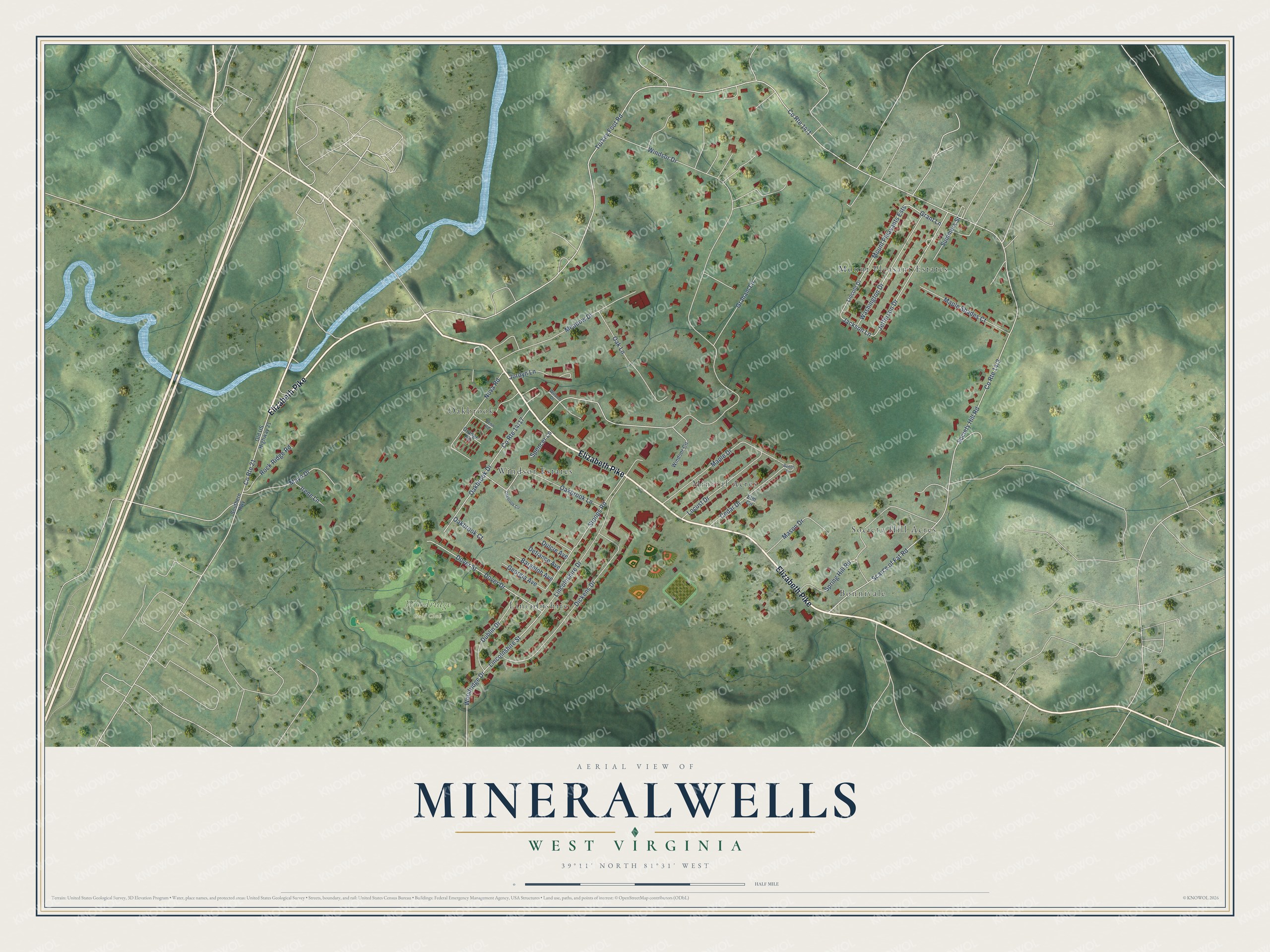 Full map of Mineralwells, West Virginia, with red buildings, printed street names and the land around them