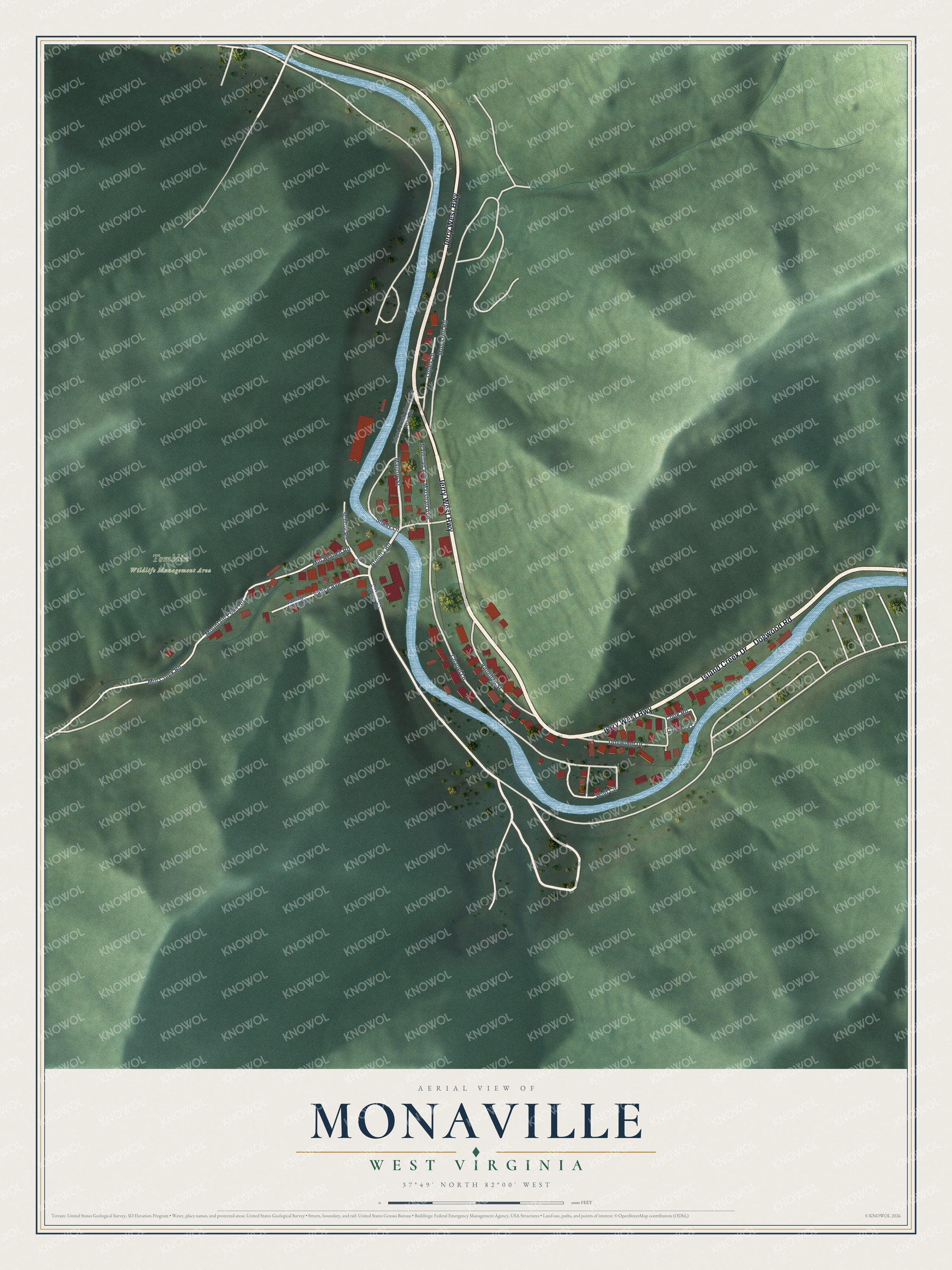 Full map of Monaville, West Virginia, with red buildings, printed street names and the land around them