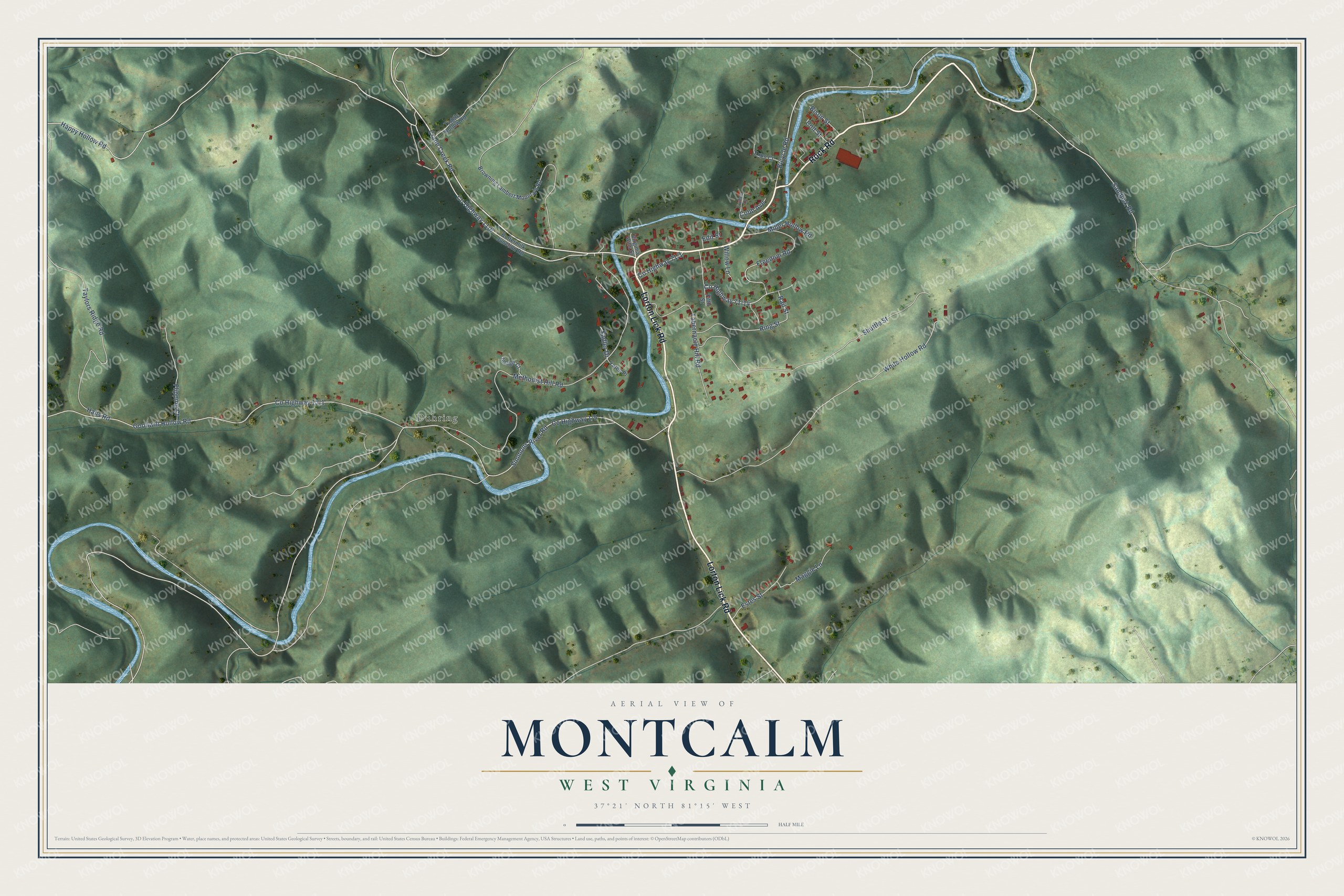 Full map of Montcalm, West Virginia, with red buildings, printed street names and the land around them